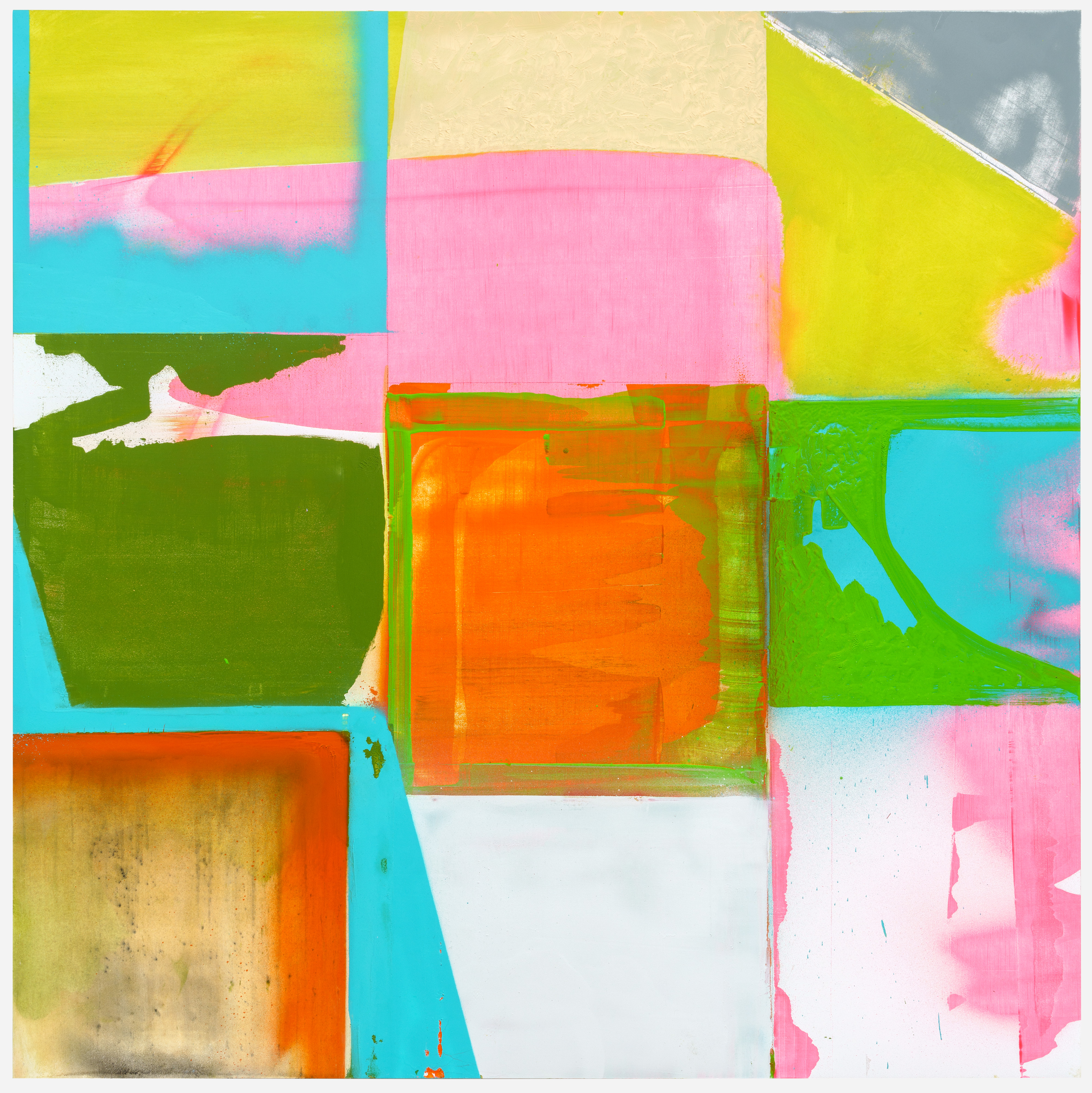 Abstract composition with overlapping geometric shapes in vibrant colors including hot pink, lime green, cyan blue, bright yellow, and orange, layered across a cream-colored ground. The work features bold color blocking with visible brushstrokes and textural variations, creating a dynamic, non-representational arrangement.