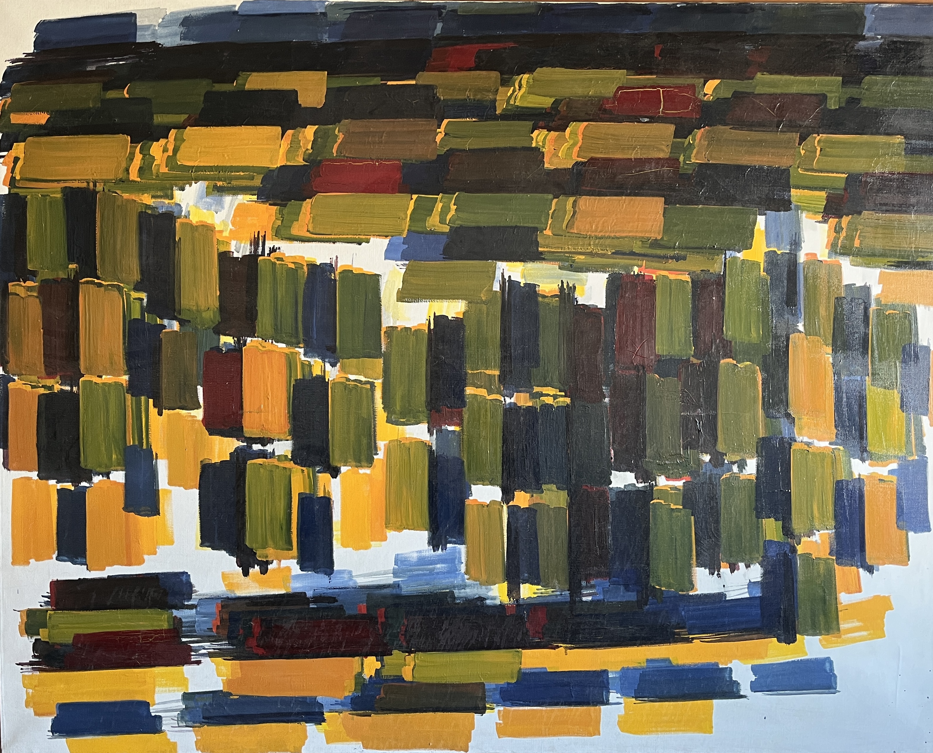 Abstract composition of horizontal and vertical rectangular brushstrokes in ochre, olive green, navy, burgundy, and black arranged in a dynamic grid pattern against a white ground, creating a fragmented, layered effect reminiscent of an urban landscape or architectural forms.