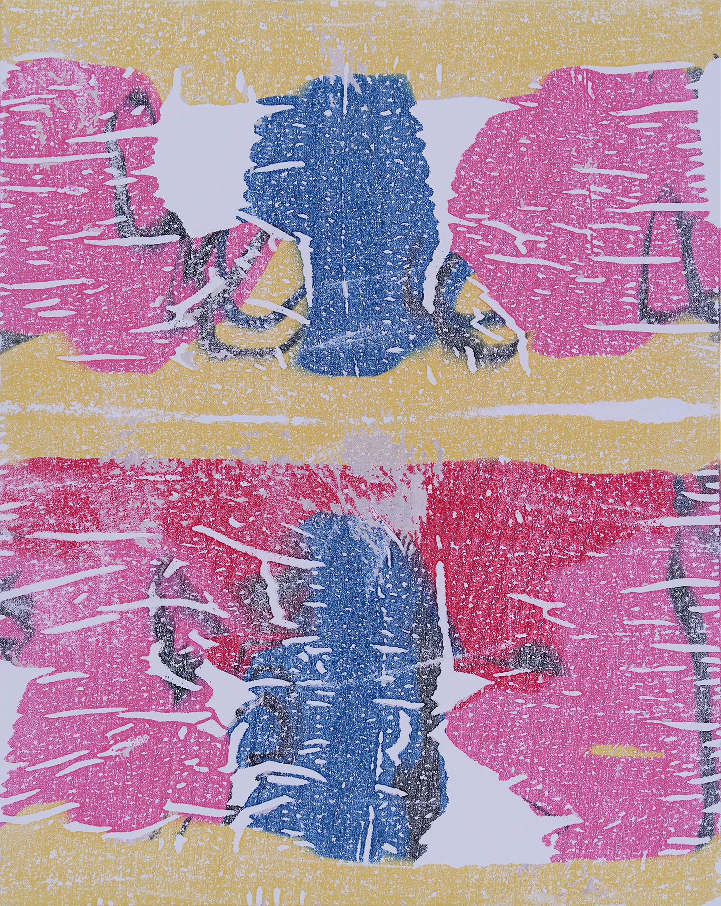 Two stacked portrait silhouettes rendered in contrasting shades of magenta, navy blue, and mustard yellow with a heavily textured, stippled surface. White negative space outlines the profiles against a lavender background, creating a bold, graphic composition with an expressionistic quality.