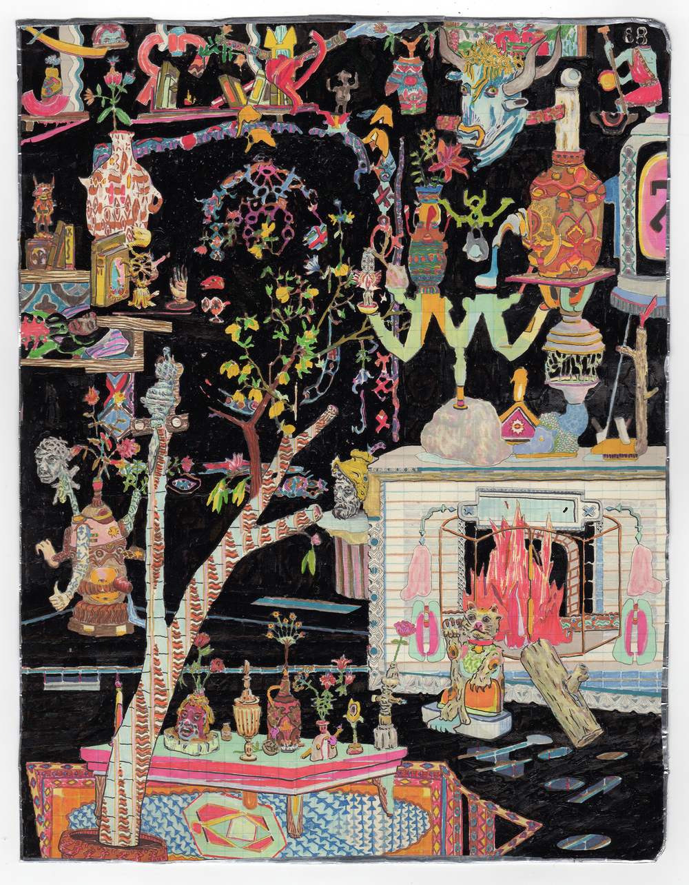 A densely composed interior scene rendered in graphite on a black background, featuring vibrant pink, yellow, green, and blue accents throughout. The layered composition depicts an ornate living room filled with decorative objects, furniture, flowering plants, architectural elements, and stylized figures arranged across multiple spatial planes, creating an intricate, maximalist tableau.
