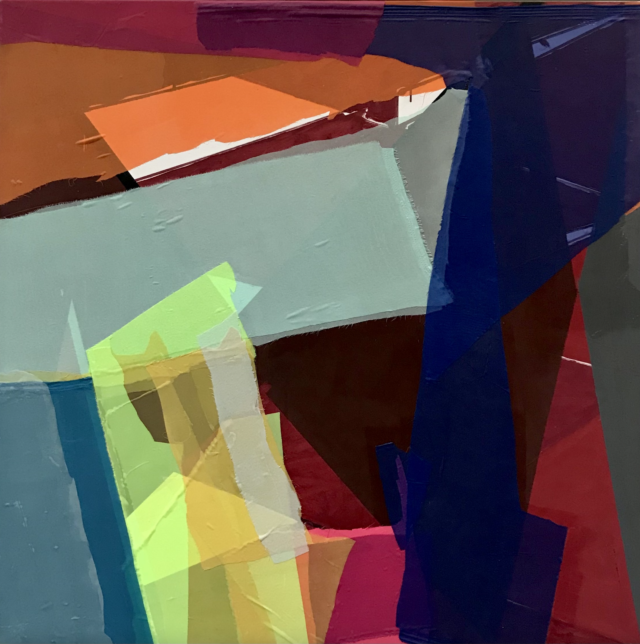 Abstract composition featuring layered geometric forms in bold colors—deep blues, oranges, reds, and mint green—with translucent overlapping planes creating depth. Mixed media elements combine painted surfaces with fabric and digital components, arranged in a fragmented, modernist arrangement suggesting architectural or nautical forms.