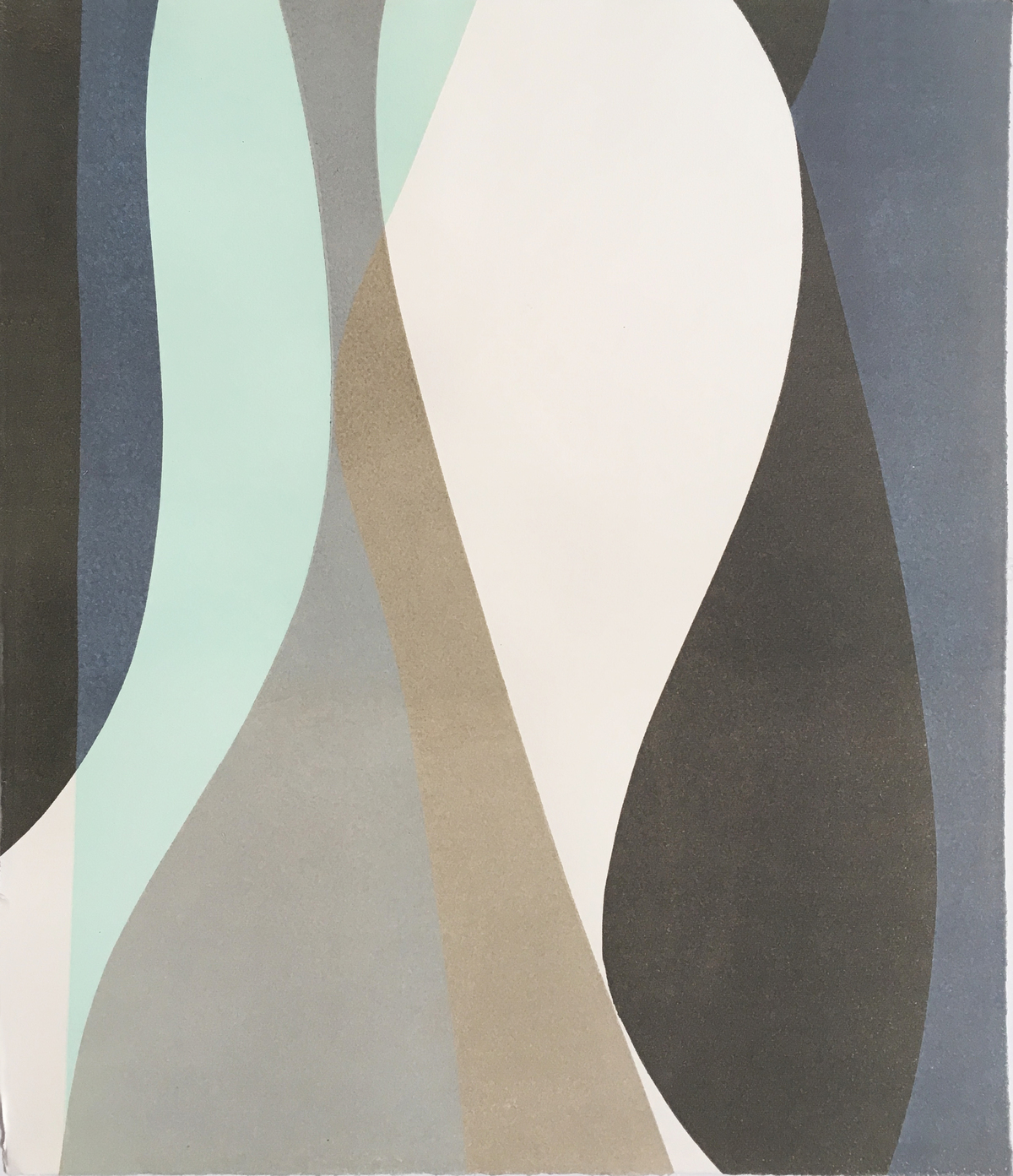 Abstract relief print featuring overlapping vertical curved forms in muted tones of cream, pale blue-green, taupe, and charcoal gray, creating a sense of depth and movement through layered planes and subtle tonal variations.