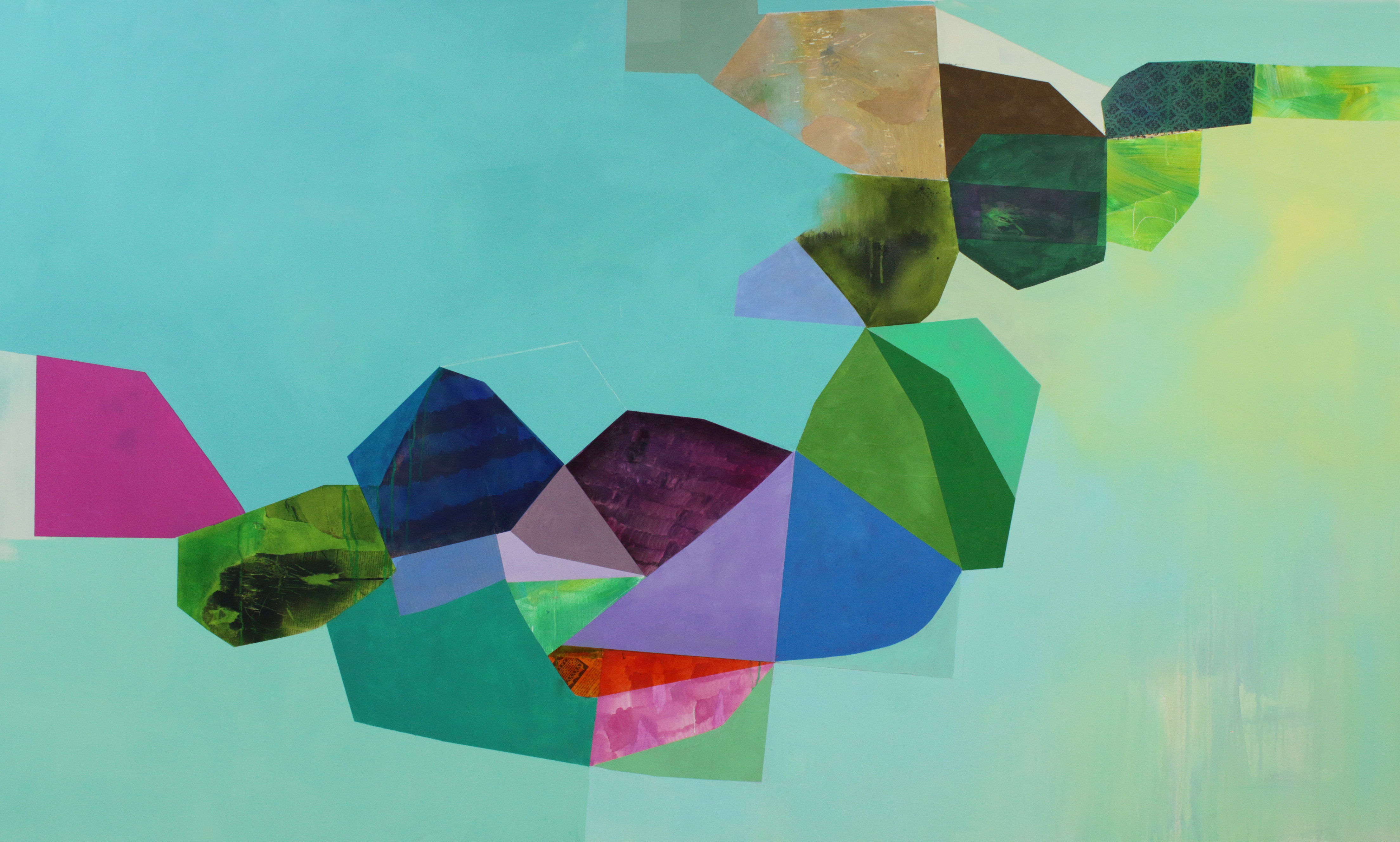 Abstract collage composition featuring overlapping geometric shapes and translucent layers in vibrant hues of turquoise, magenta, emerald green, cobalt blue, and plum, with photographic landscape imagery integrated throughout, set against a soft turquoise background.