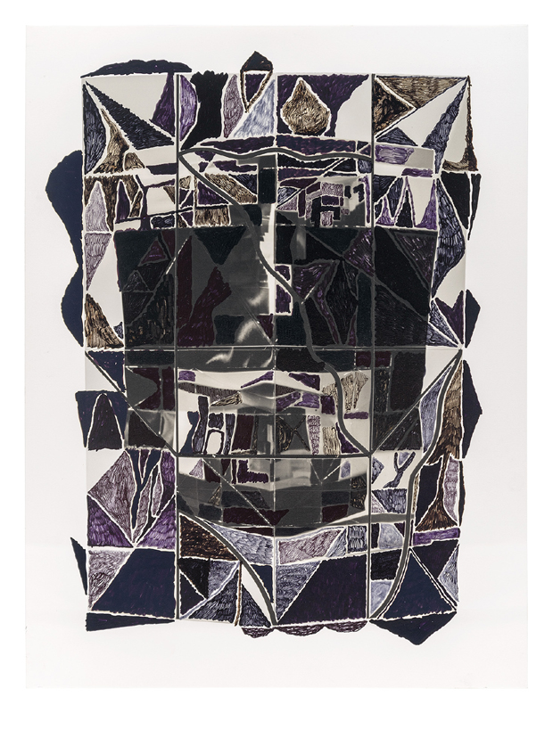 Abstract composition featuring a fragmented portrait rendered in black, white, and purple tones. Geometric triangular and angular shapes overlay a central photographic element, creating a layered, cubist-inspired effect with sharp linear divisions across the rectangular format.