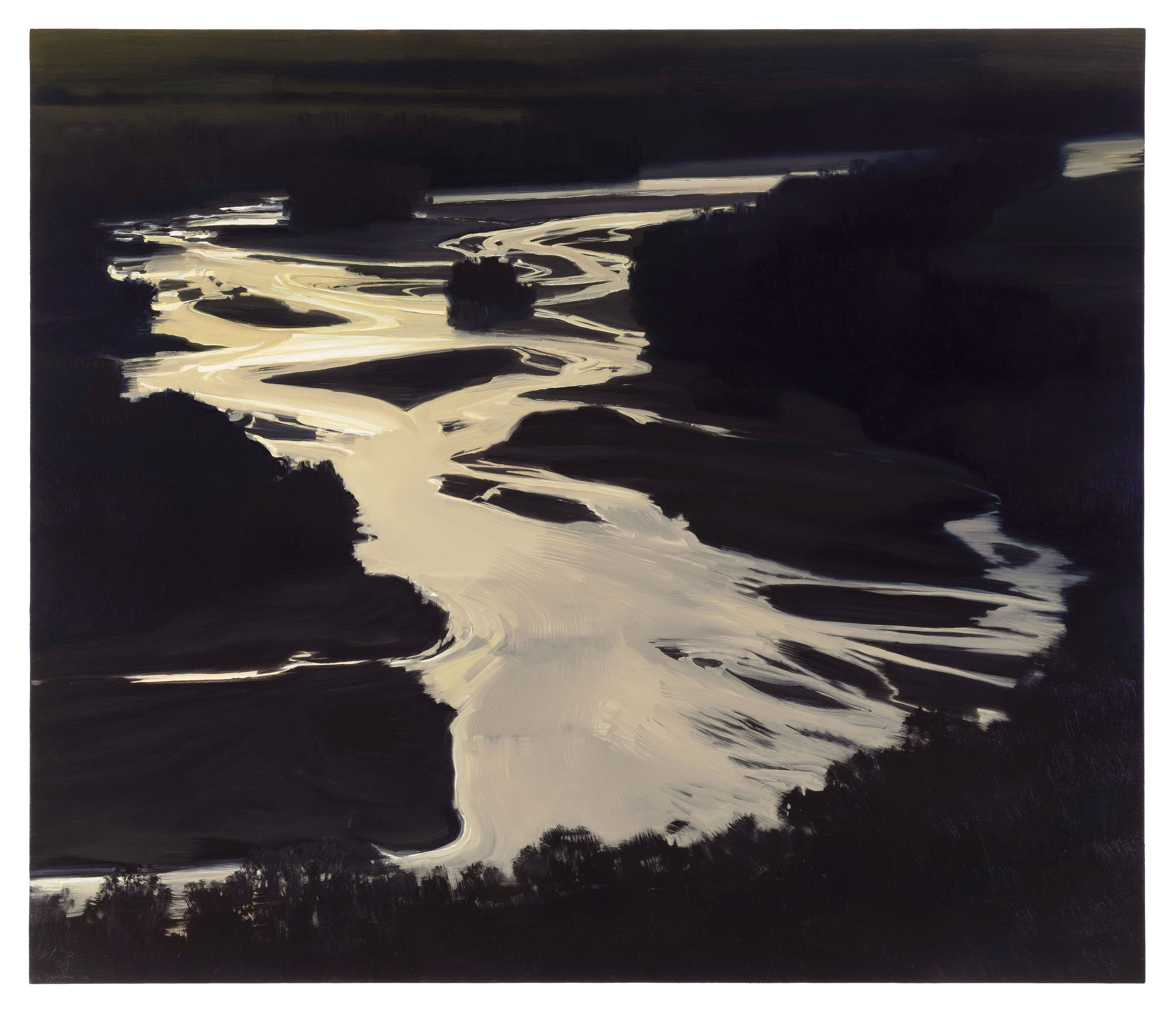 Aerial view of a winding river with pale cream and white waters meandering through dark forested land, rendered in bold brushstrokes that emphasize the stark contrast between the illuminated waterway and surrounding shadows.