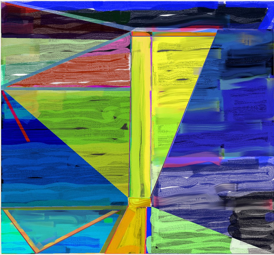 Abstract composition with bold geometric shapes divided by a bright yellow vertical band, featuring vibrant blocks of color including electric green, cobalt blue, coral red, and purple. Horizontal brushstroke textures create movement across the divided sections, while sharp angular planes intersect throughout the composition.