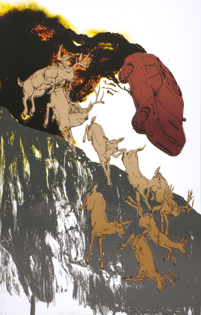 A stylized portrait in warm and cool tones featuring layered silhouettes of a profile facing left, with overlapping areas of burnt orange, deep red, tan, black, and white creating an abstract, fragmented composition. The figure's features merge with gestural brushwork and dripping elements that give the work an expressive, contemporary quality.