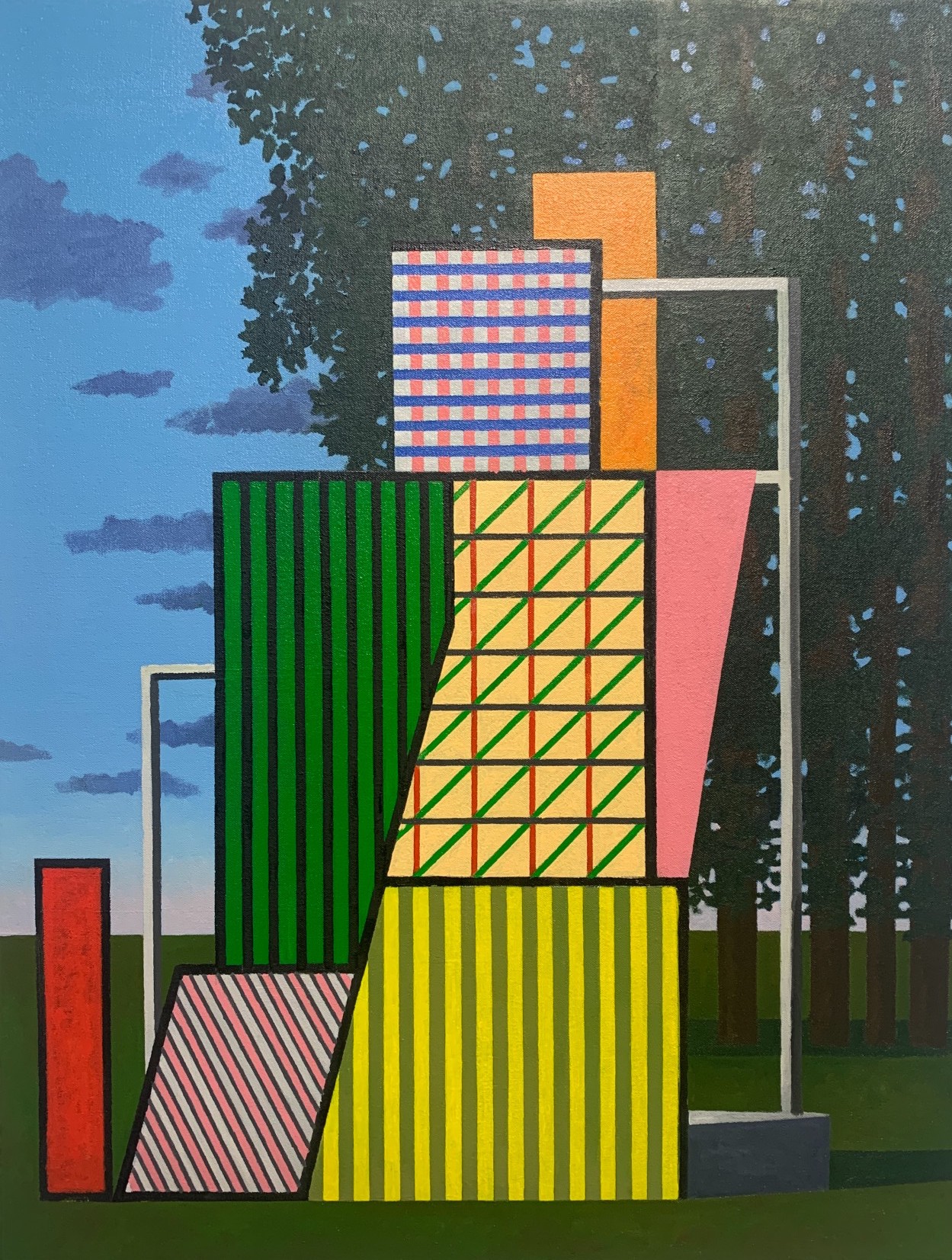 A geometric abstract composition featuring a stacked arrangement of vividly colored rectangular forms with varied patterns—including checkered, striped, and solid sections in red, orange, yellow, green, pink, and blue—set against a naturalistic landscape of blue sky, green grass, and a textured dark tree trunk on the right side.