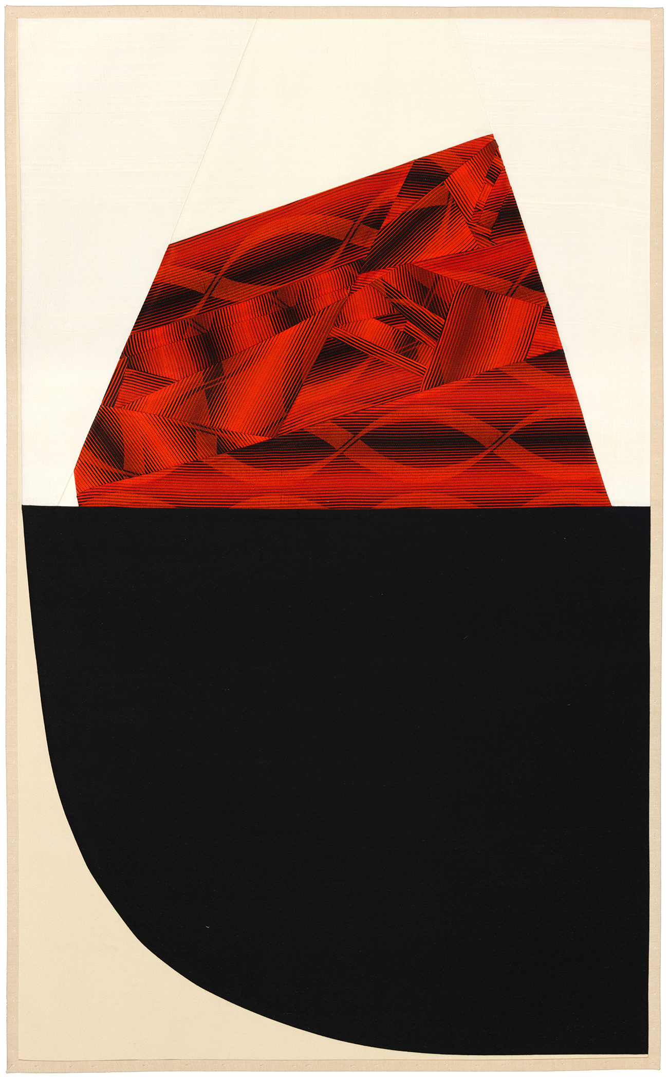 Abstract composition featuring a large black curved form in the lower half against a cream background, topped by a geometric trapezoid shape filled with vibrant red and black linear patterns that create a sense of depth and movement.