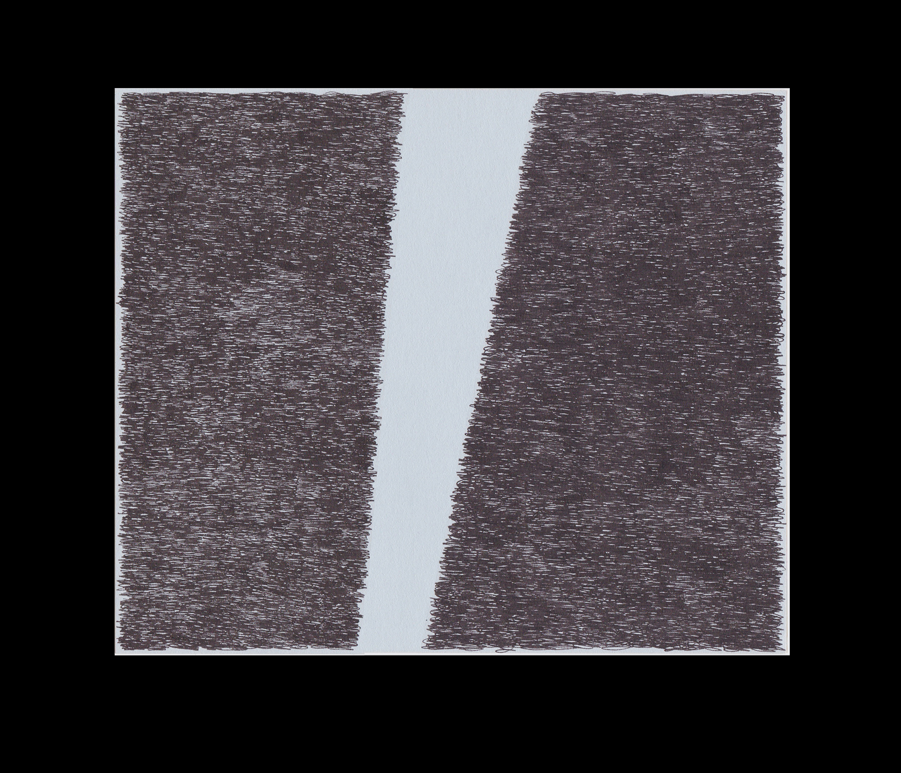 Two vertical rectangular blocks of dense, gestural black marks separated by a narrow vertical gap of white space on a light gray background. The marks appear hand-drawn with rapid, overlapping strokes creating a textured, almost illegible surface across the composition.