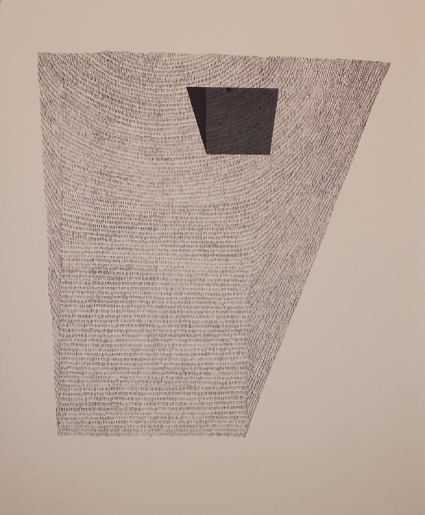 A large trapezoid form filled with fine linear hatching in graphite and silver ink creates a subtle vortex pattern, with a small dark rectangular form positioned near the upper center of the composition against a neutral beige background.