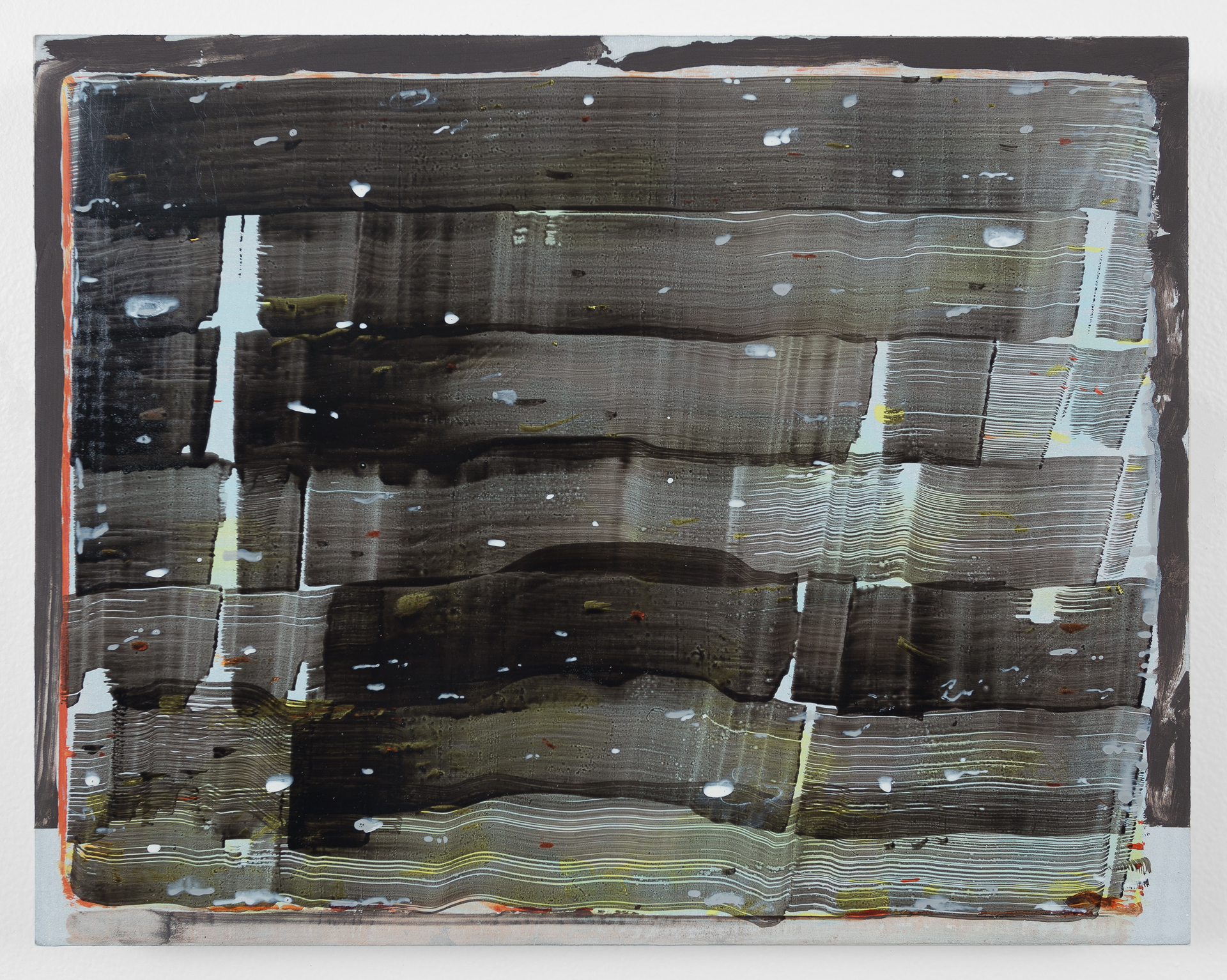 Abstract oil painting on panel featuring horizontal bands of dark charcoal, olive green, and cream tones with gestural white brushstrokes and small accents of rust and yellow throughout. The composition creates a layered, weathered appearance with organic striations and marks suggesting depth and movement across the rectangular surface.