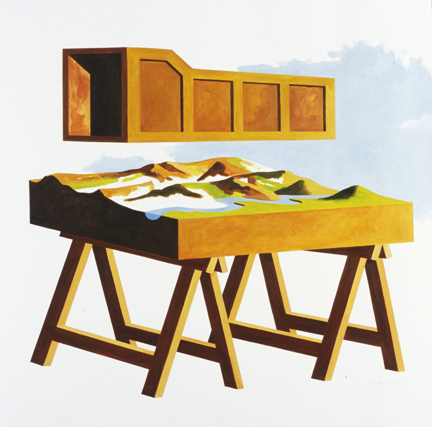 A geometric illustration in warm yellows and browns depicting a yellow architectural structure with windows above a topographic landscape model on a wooden sawhorse table. The composition combines modernist design elements with stylized mountain terrain and water features rendered in bold, flat colors against a soft blue sky.