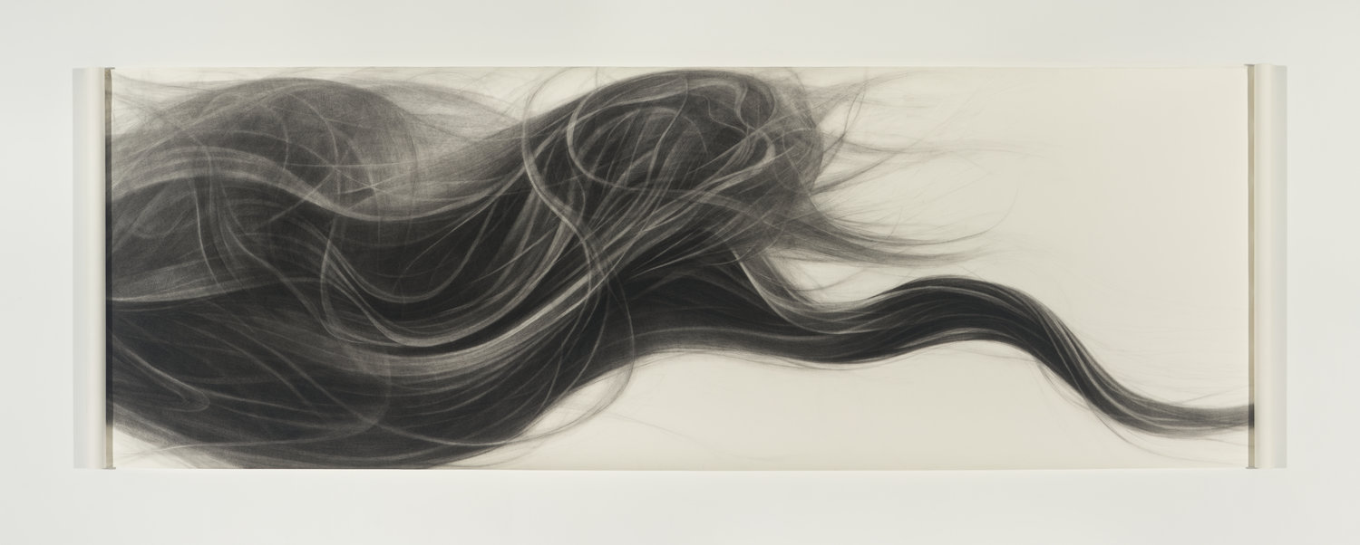 Expansive strands of dark hair sweep horizontally across a light cream background, rendered in charcoal with varied density and delicate, wispy edges. The composition emphasizes flowing movement and the interplay of shadow and light across the undulating forms.