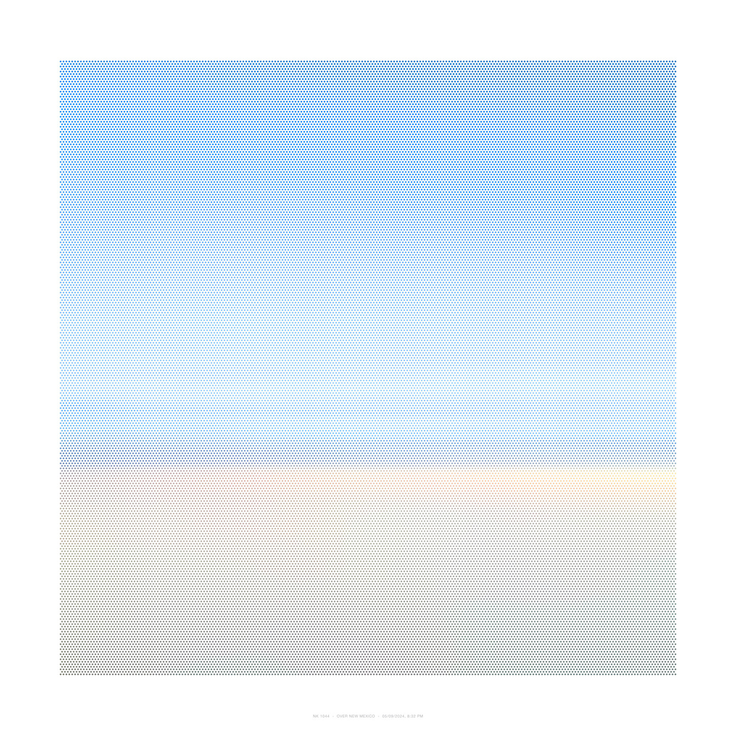 A large-scale composition dominated by a gradient field of small blue dots that transitions gradually toward warm peachy and cream tones in the lower right quadrant, creating a subtle atmospheric effect across the entire surface.