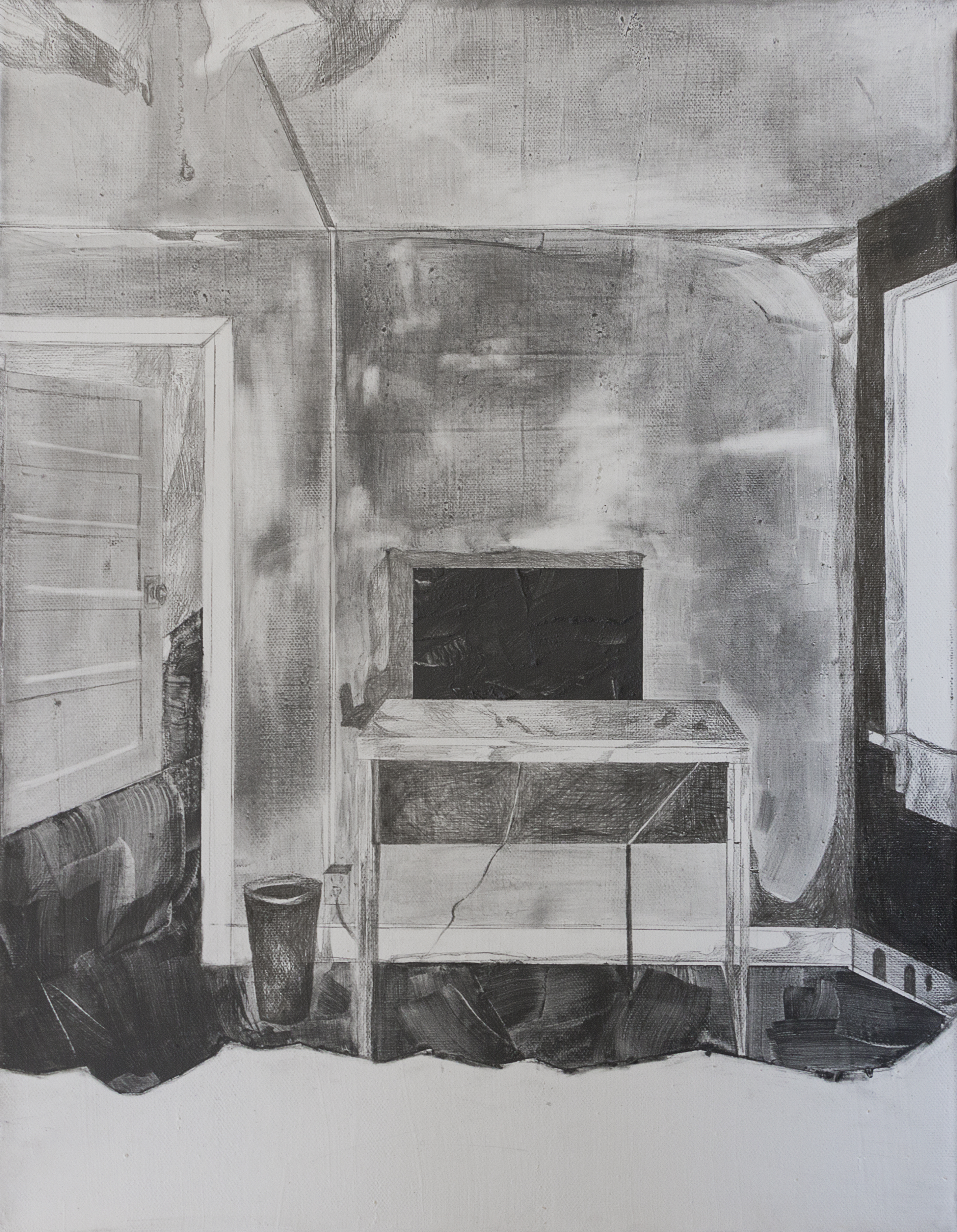 A graphite drawing depicting an interior bathroom space with steaming walls and a central fixture, rendered in soft gray tones with areas of darker shading. White doors frame both sides of the composition, while atmospheric marks suggest moisture or heat rising throughout the confined room.