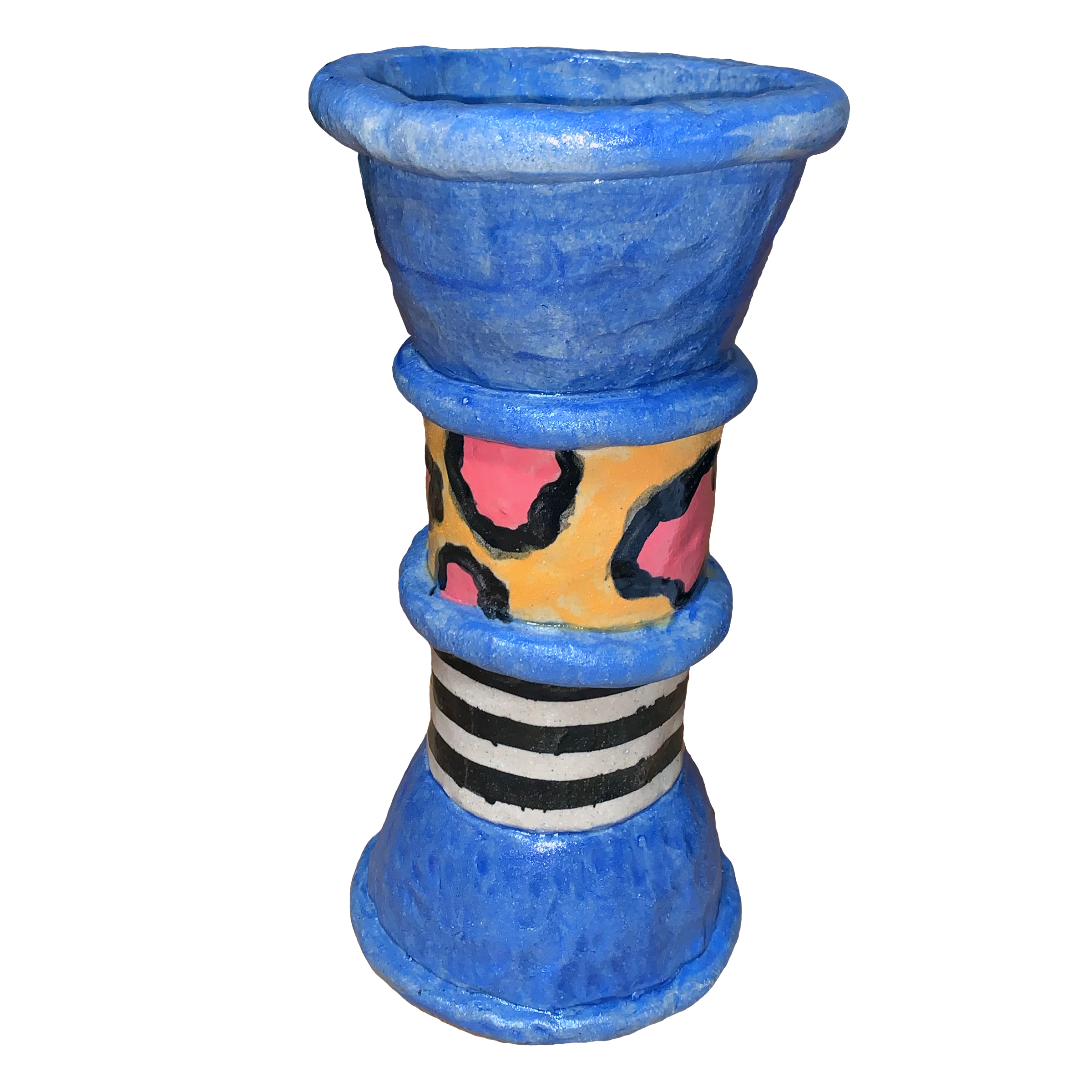 A tall ceramic vessel with a flared trumpet-shaped top in bright blue glaze, featuring a decorative middle section with orange and pink abstract shapes outlined in black, and a lower band of alternating white and black horizontal stripes on a blue base.