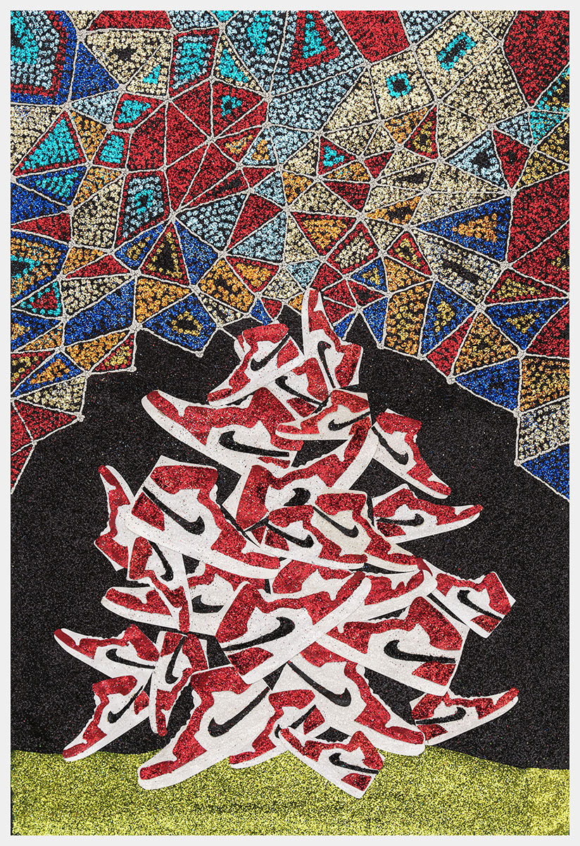 A silhouette of a human figure filled with red and white sneakers sits against a black ground, surrounded by a vibrant mosaic of multicolored triangular tiles in blue, gold, cream, red, and turquoise, embellished with glitter throughout. The composition combines cut paper, paint, and glittering materials to create a textured, jewel-like surface.