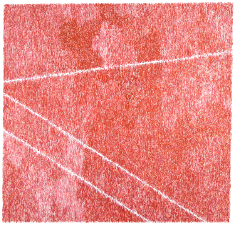 A textured red and coral composition with three white diagonal lines crossing through the surface, creating geometric divisions. The grainy, stippled texture throughout gives the work a subtle depth and visual complexity.