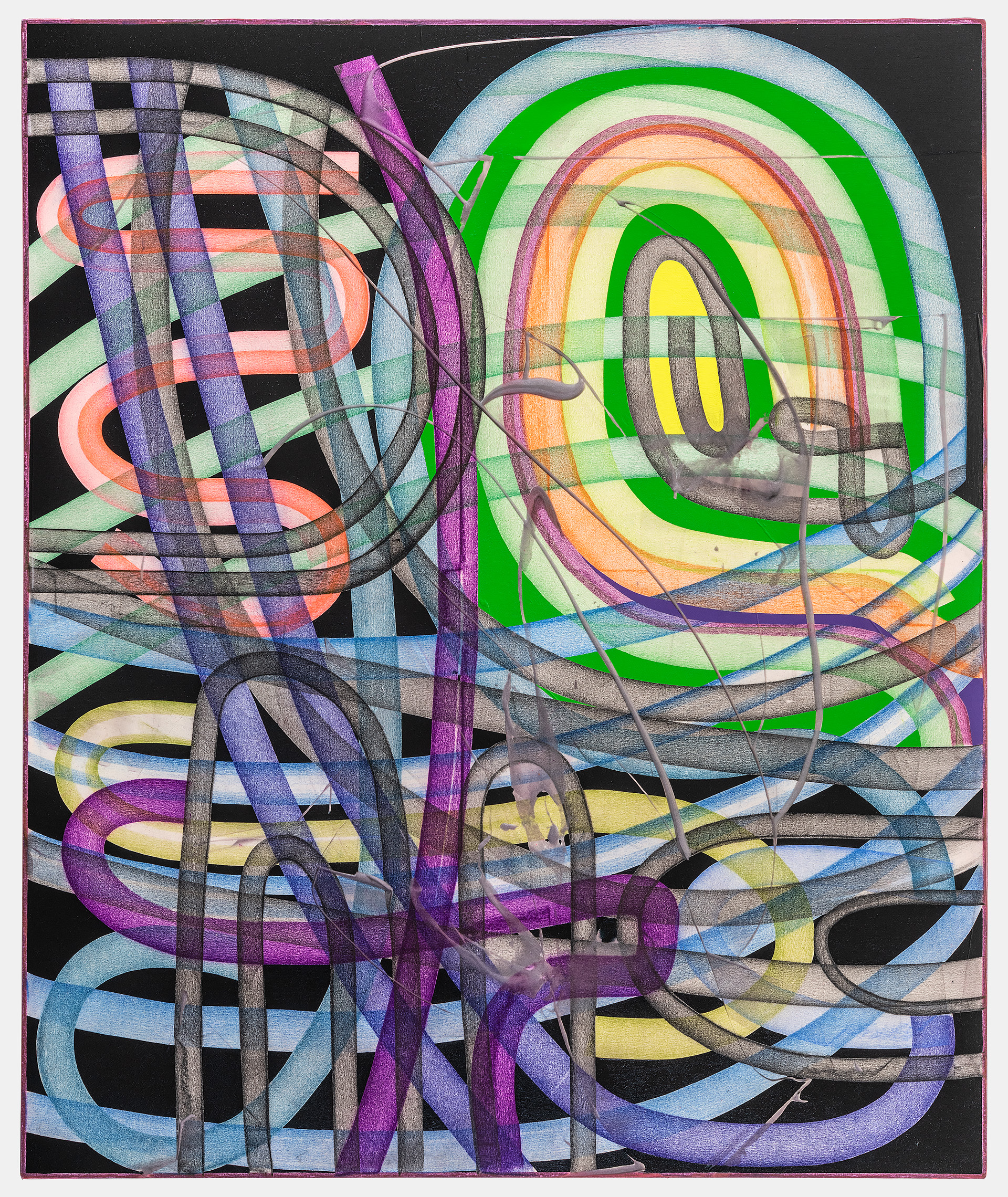 Abstract composition featuring overlapping geometric and organic forms in vibrant colors including bright green, yellow, orange, pink, and purple, layered with checkered patterns and curved lines rendered in oil, acrylic, and pastel on a dark background.