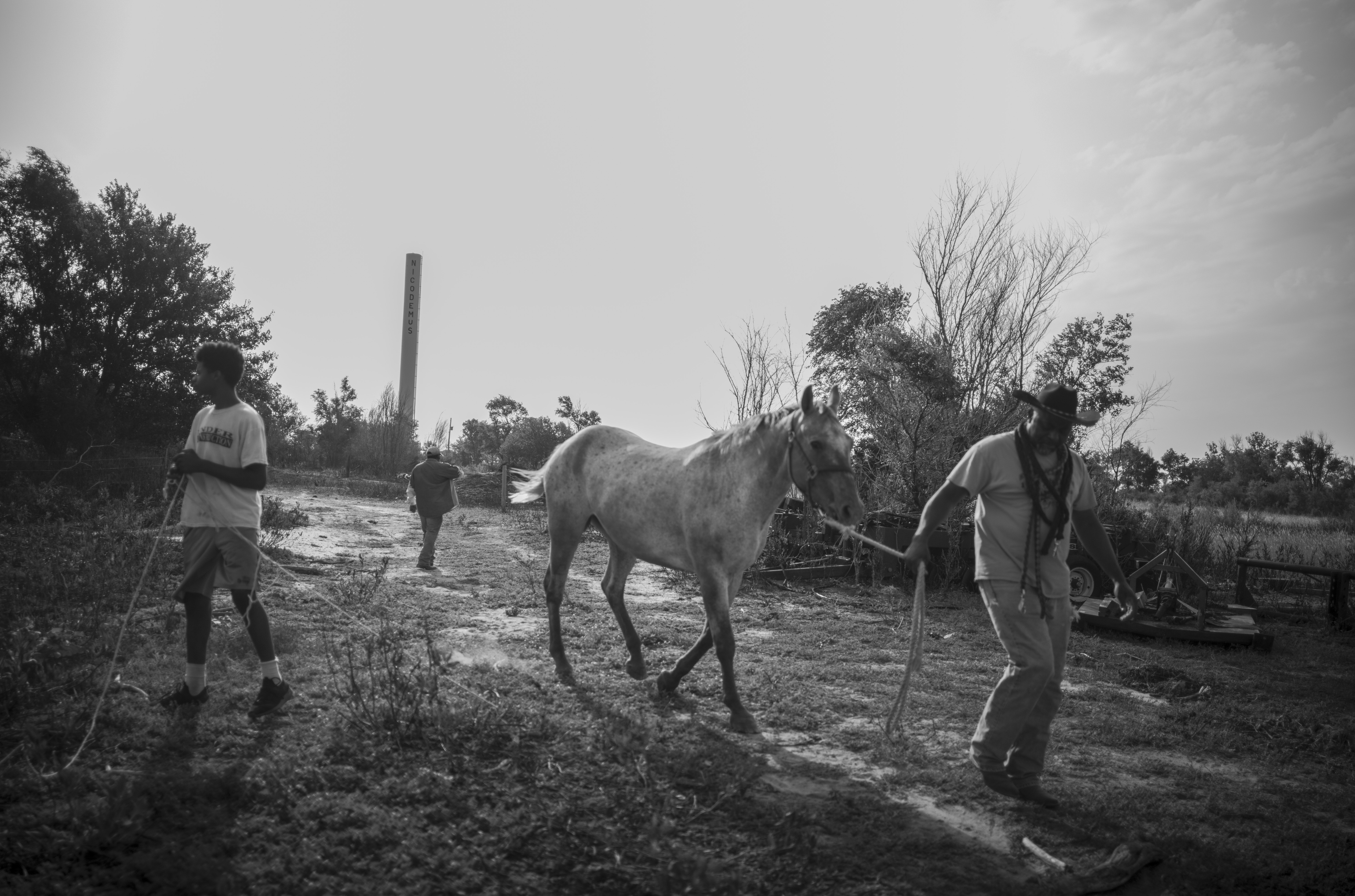 Black and white photograph of several people working with a horse on a dusty rural path, surrounded by sparse vegetation and trees. A tall industrial structure stands in the misty background, creating a stark contrast between human labor and the desolate landscape.