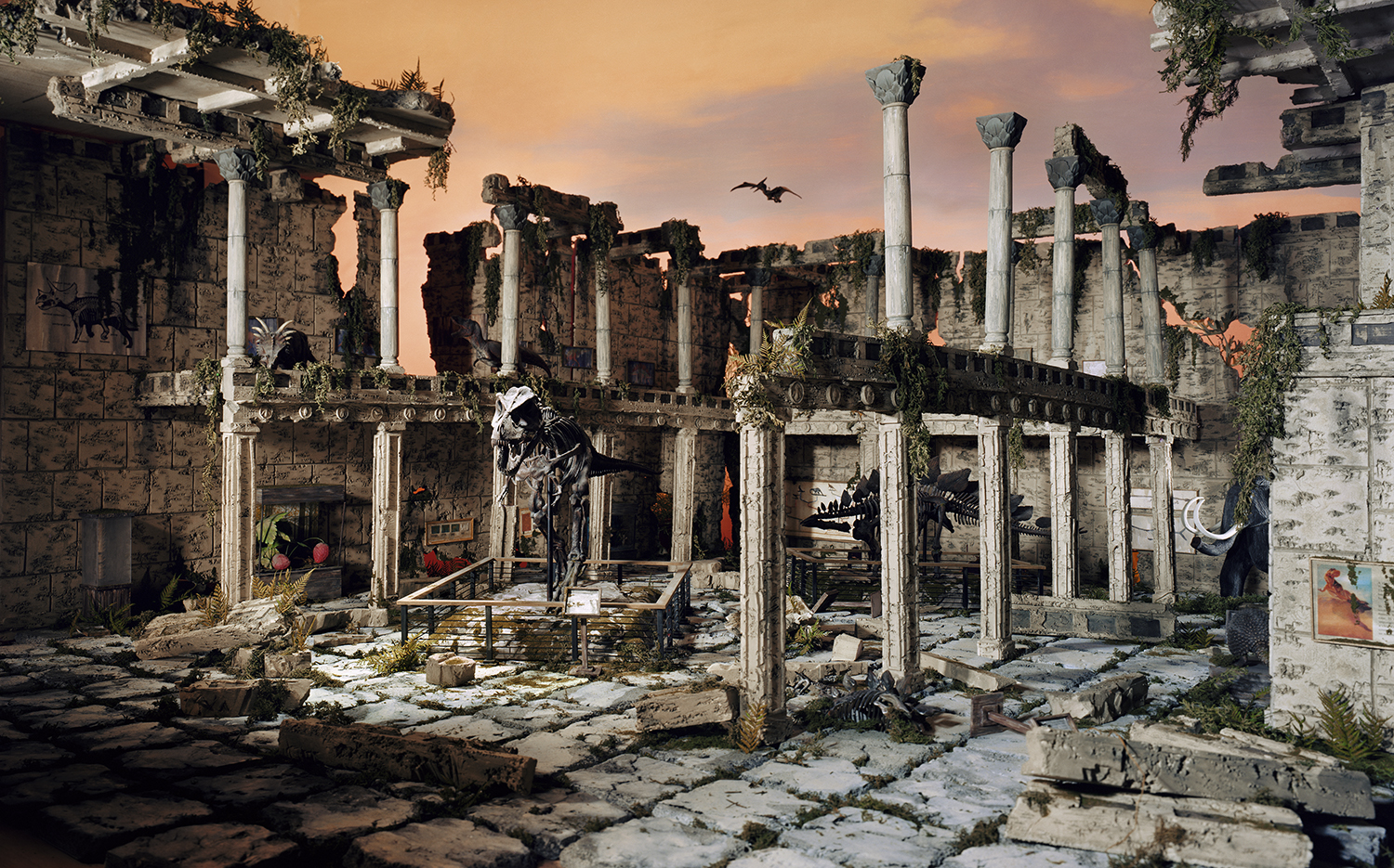 A meticulously detailed architectural scene depicts the ruins of a grand classical structure with towering white columns and deteriorating stone walls, overtaken by vegetation and decay. The composition is bathed in warm amber and purple twilight tones, with small human figures scattered throughout the columned halls, creating an dreamlike atmosphere of post-apocalyptic grandeur.
