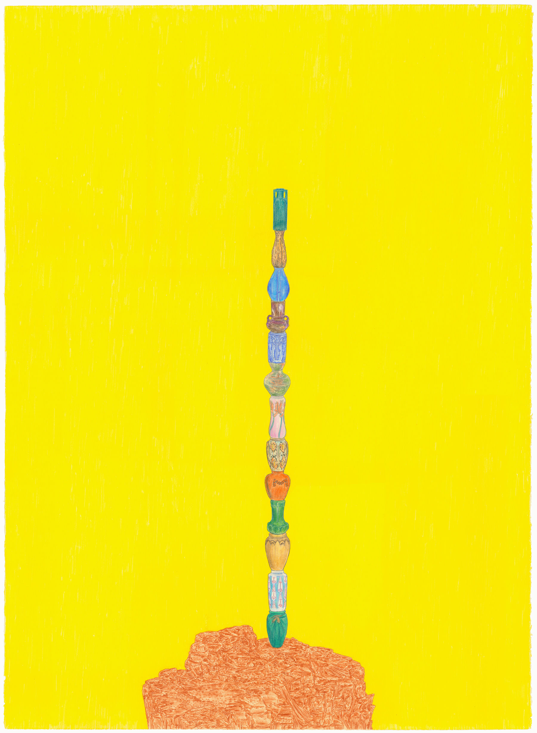 A vertical stack of ornately decorated wooden beads and cylindrical forms in vibrant colors—including greens, blues, oranges, and naturals tones—rises from a textured terracotta-colored stone or clay base against a bright yellow background.