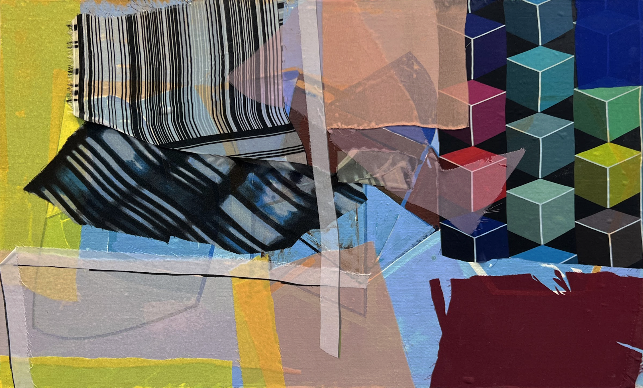 Abstract mixed media composition featuring overlapping geometric and organic forms in vibrant colors including yellow, blue, burgundy, and teal. Black linear striations and translucent layered elements create depth across the canvas, with three-dimensional isometric cube shapes stacked on the right side contrasting against the gestural, painterly left portion.