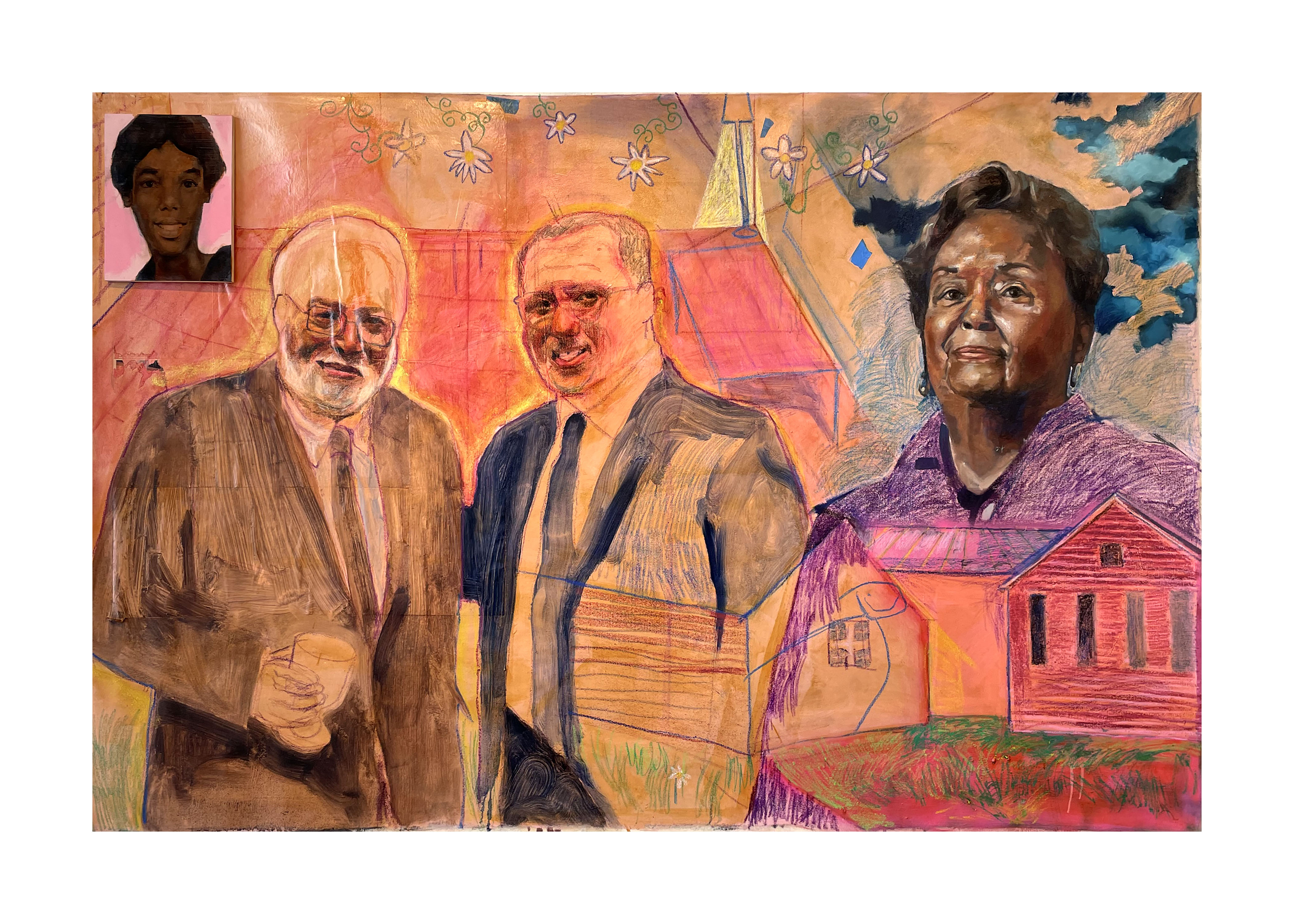 A mixed-media painting featuring three figures rendered in warm earth tones and vibrant colors. Two men in business suits appear in the center with golden halos, while a woman in a purple garment stands to the right beside a red house. A smaller portrait of a young person is positioned in the upper left corner. The composition uses expressive brushwork and includes decorative elements like hanging flowers and a stylized landscape backdrop in blues and oranges.