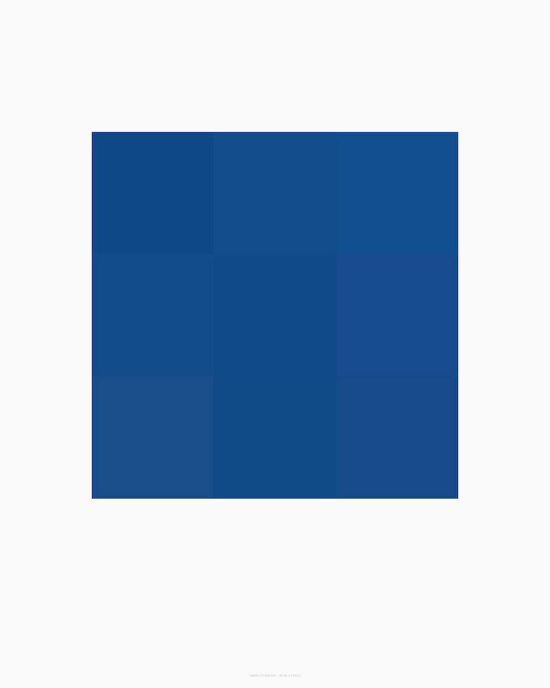 A deep blue square composition centered on a light gray background, displaying subtle tonal gradations and a gentle vertical division down the middle. The work demonstrates a minimalist aesthetic with a focus on color field and atmospheric qualities.