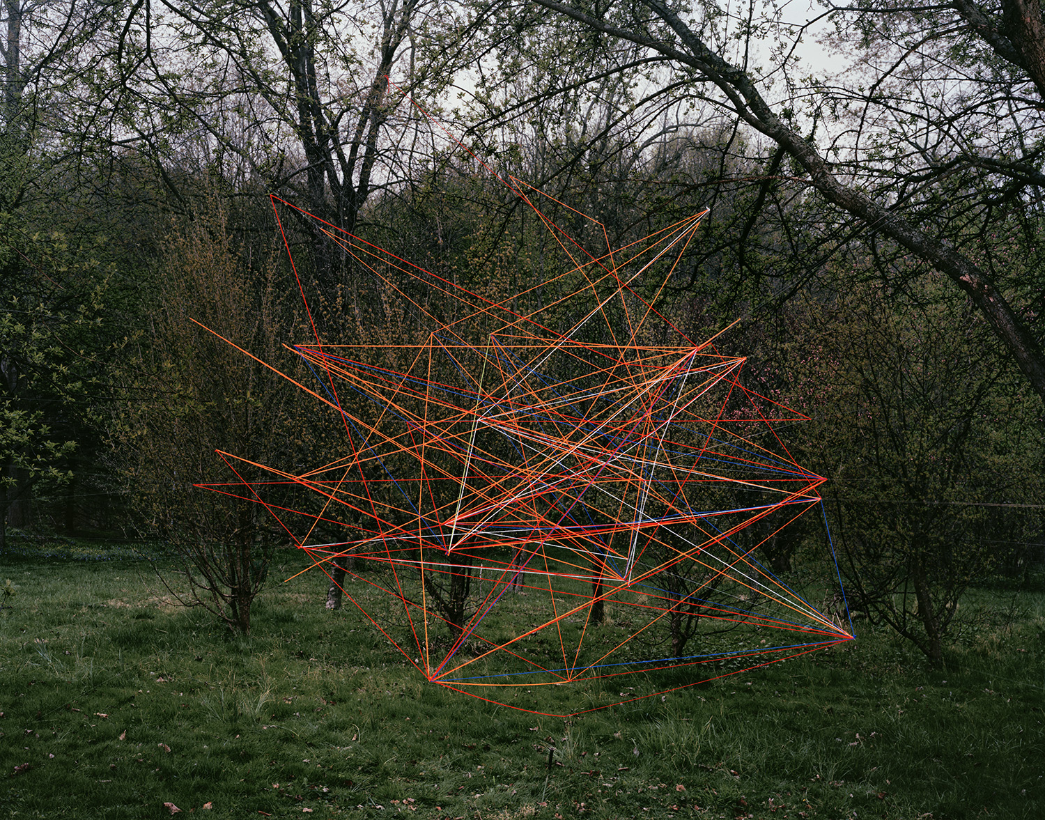 A complex geometric sculpture made of red and orange yarn or string stretches between trees in a wooded landscape, its intersecting lines creating an abstract three-dimensional form against the bare branches and green foliage of early spring.