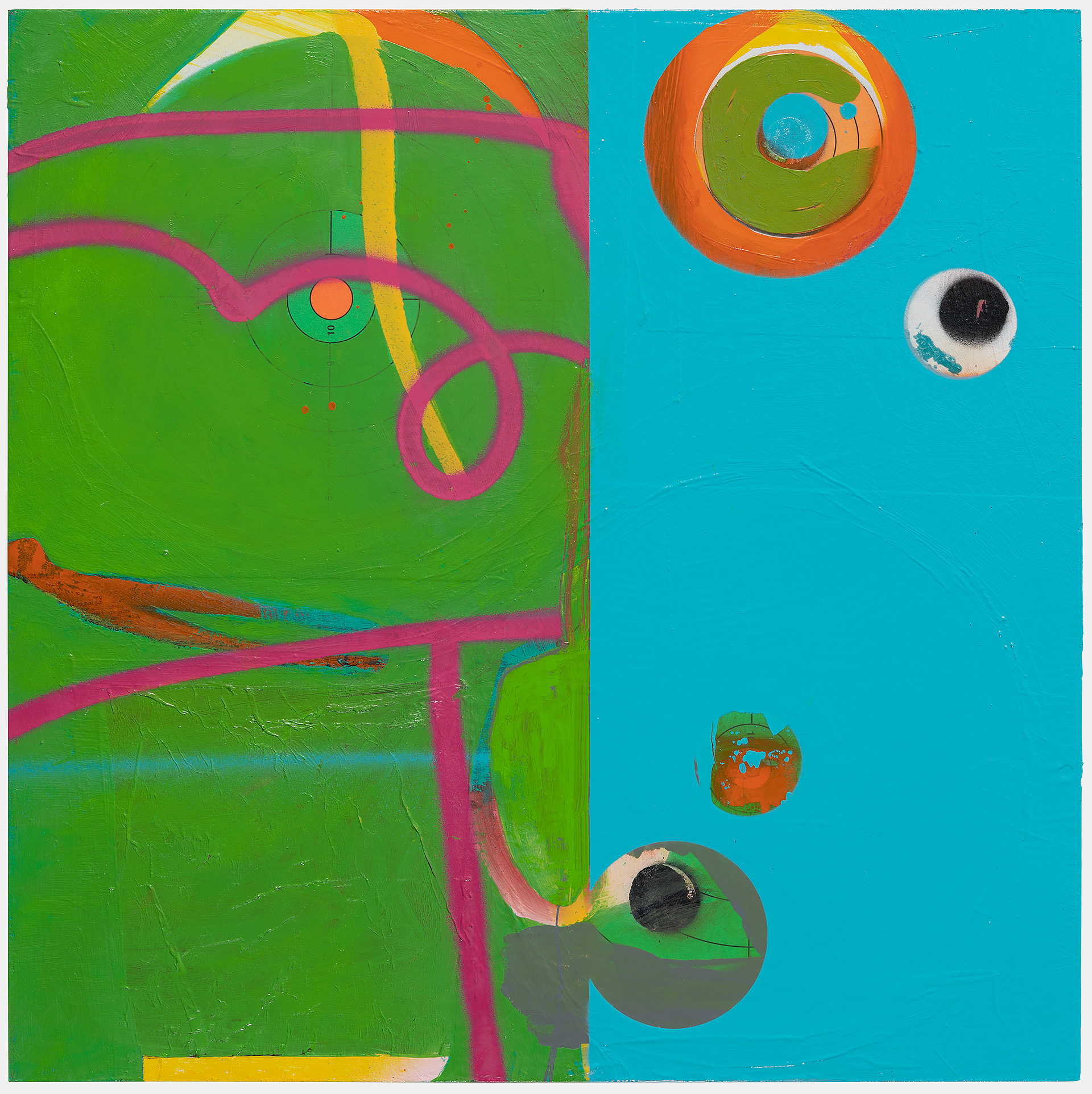 A divided composition featuring a vibrant green left panel with flowing magenta curved lines, yellow vertical stripes, and small circular elements, adjoined to a turquoise right panel displaying geometric forms including concentric circles in orange and olive, a white sphere with a black center, and small orange and gray circular shapes arranged vertically.