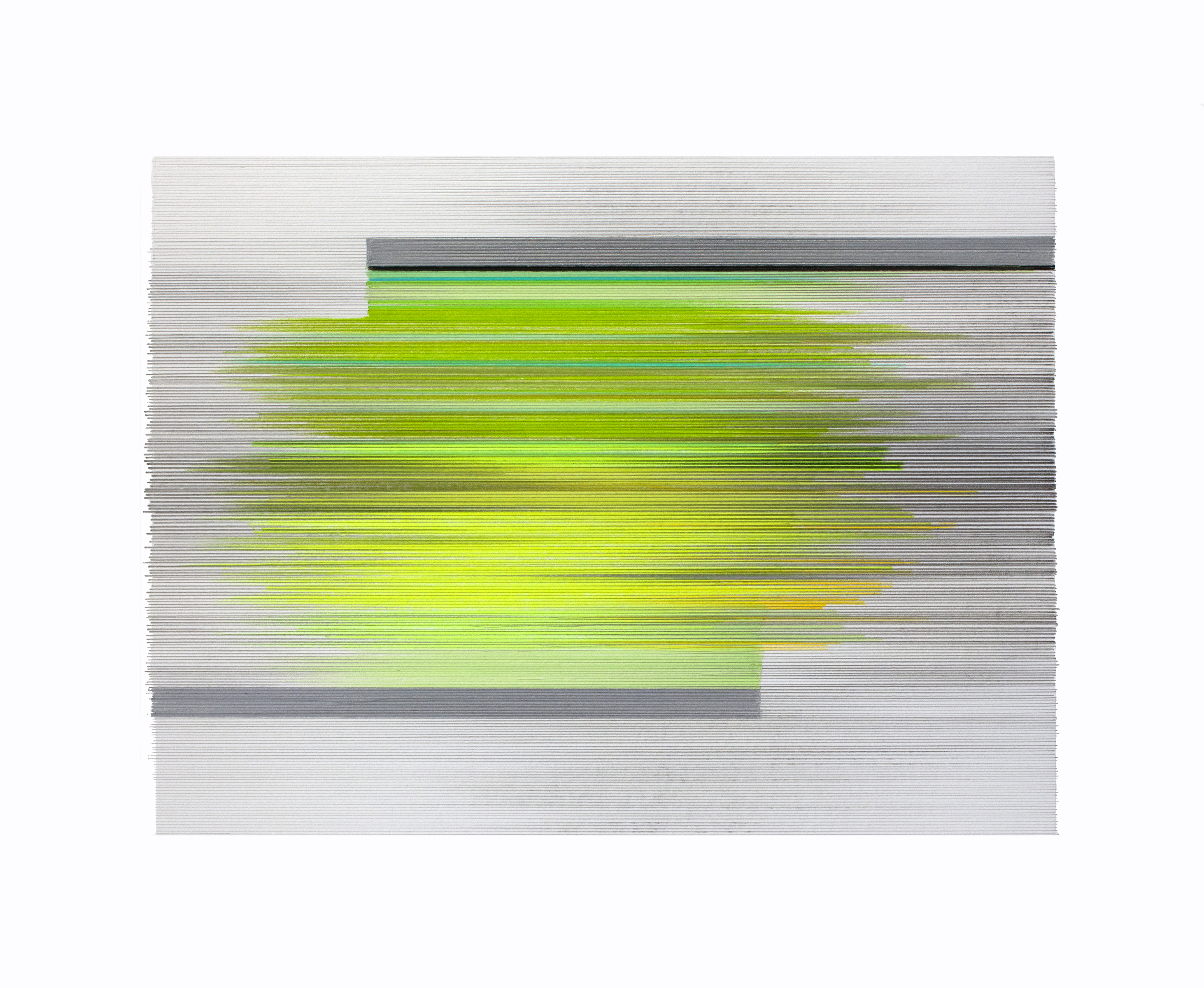 Horizontal bands of vibrant lime green and yellow hues radiate across a light gray background, creating a luminous central form. Fine linear marks in graphite layer beneath the colored pencil, giving the composition a subtle textured quality reminiscent of solar or atmospheric phenomena.