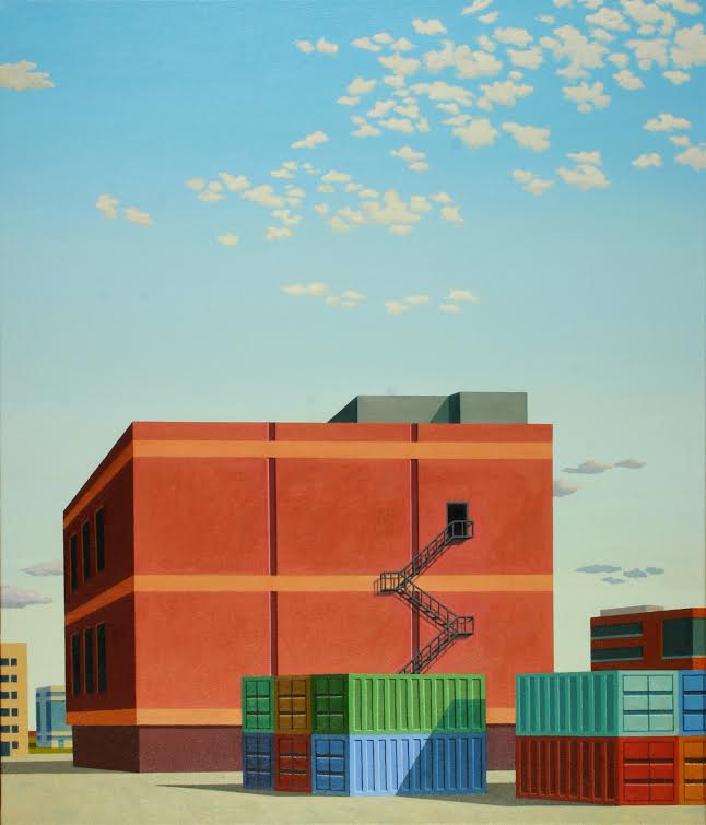 A bold geometric composition featuring a massive burnt-orange industrial building with a zigzag metal staircase, set against a clear blue sky with scattered clouds. Stacked shipping containers in primary colors—green, blue, red, and yellow—are arranged at the base, with smaller modernist buildings visible in the background.