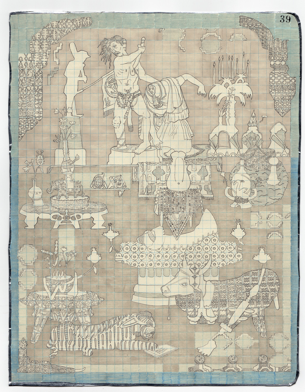 A detailed graphite drawing on gridded paper depicting a surreal, densely populated scene with classical and fantastical elements. The composition features a central standing figure surrounded by ornate architectural structures, decorative objects, animals including zebras and elephants, intricate patterns, and ornamental details arranged in a complex, layered arrangement across the page.