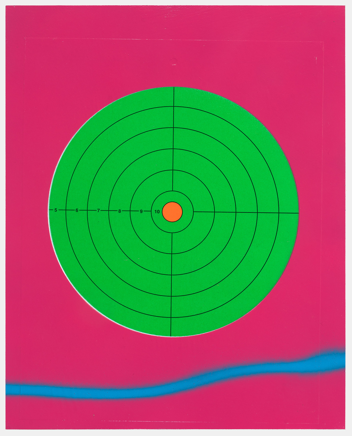 Concentric circles in bright green with black radial lines and a horizontal axis, centered with a small orange circle, set against a vivid magenta background with a diagonal teal stripe across the lower edge.