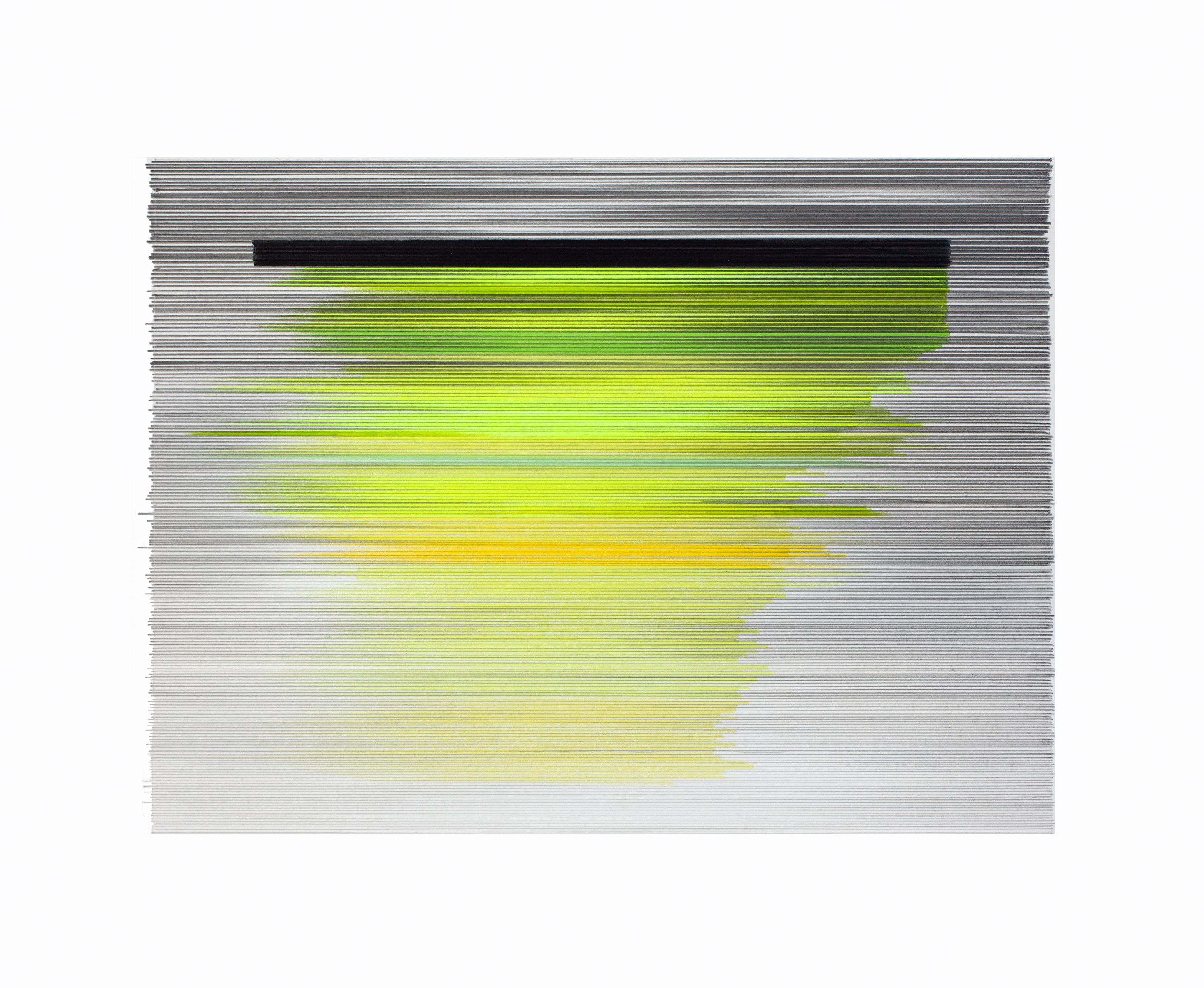 Horizontal composition with fine parallel graphite lines covering the entire surface, overlaid with a luminous gradient form in shades of bright green and yellow that suggests an organic, sun-like shape against the linear gray background.