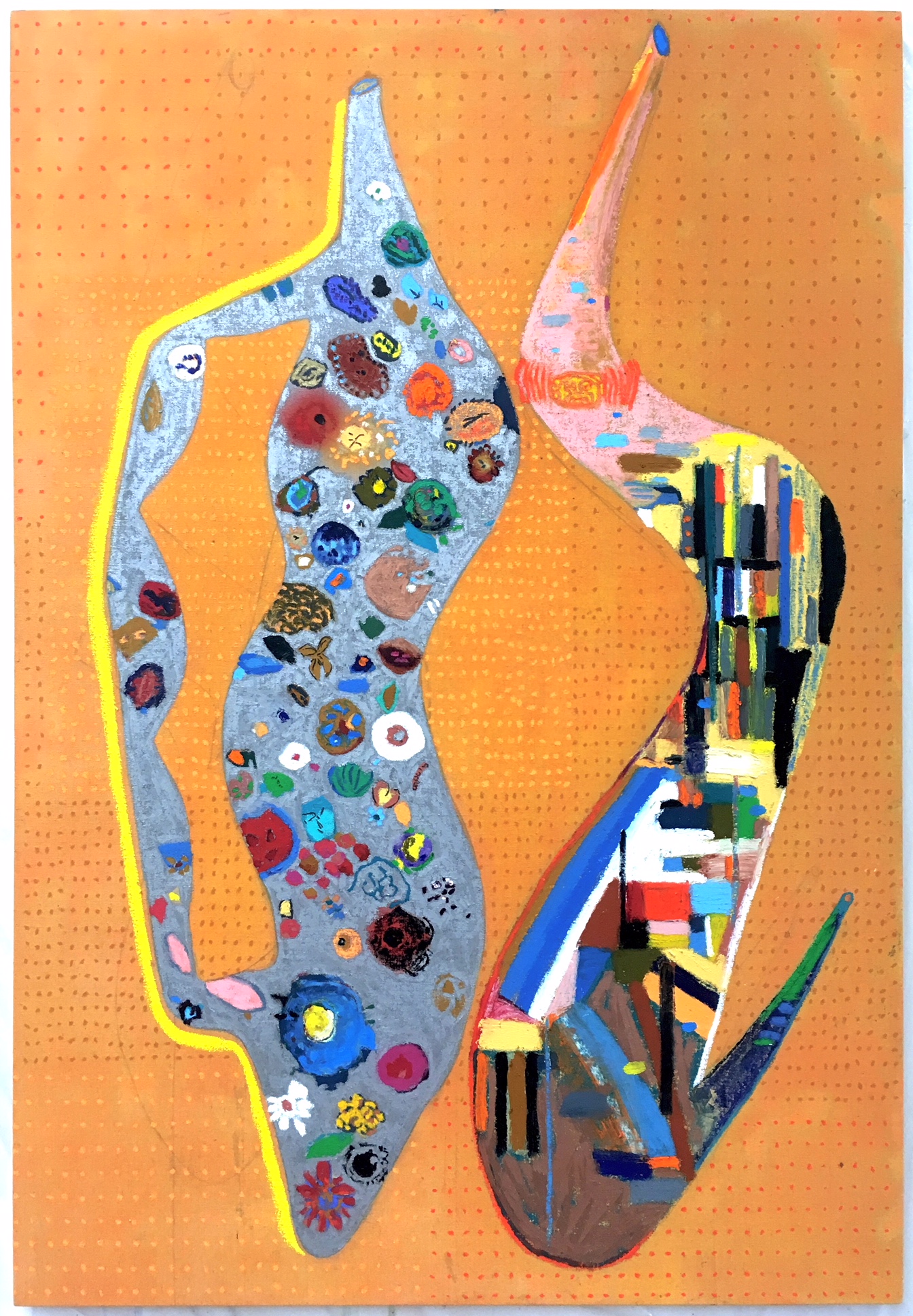 Two abstract vessel forms painted on an orange pegboard background. The left figure features a gray silhouette outlined in bright yellow with an interior filled with colorful circular and organic shapes in jewel tones. The right figure, rendered in pink with a pointed top, contains a collage of stacked colored pencils and striped patterns. Both forms are elongated and dynamic, suggesting movement against the warm orange ground.