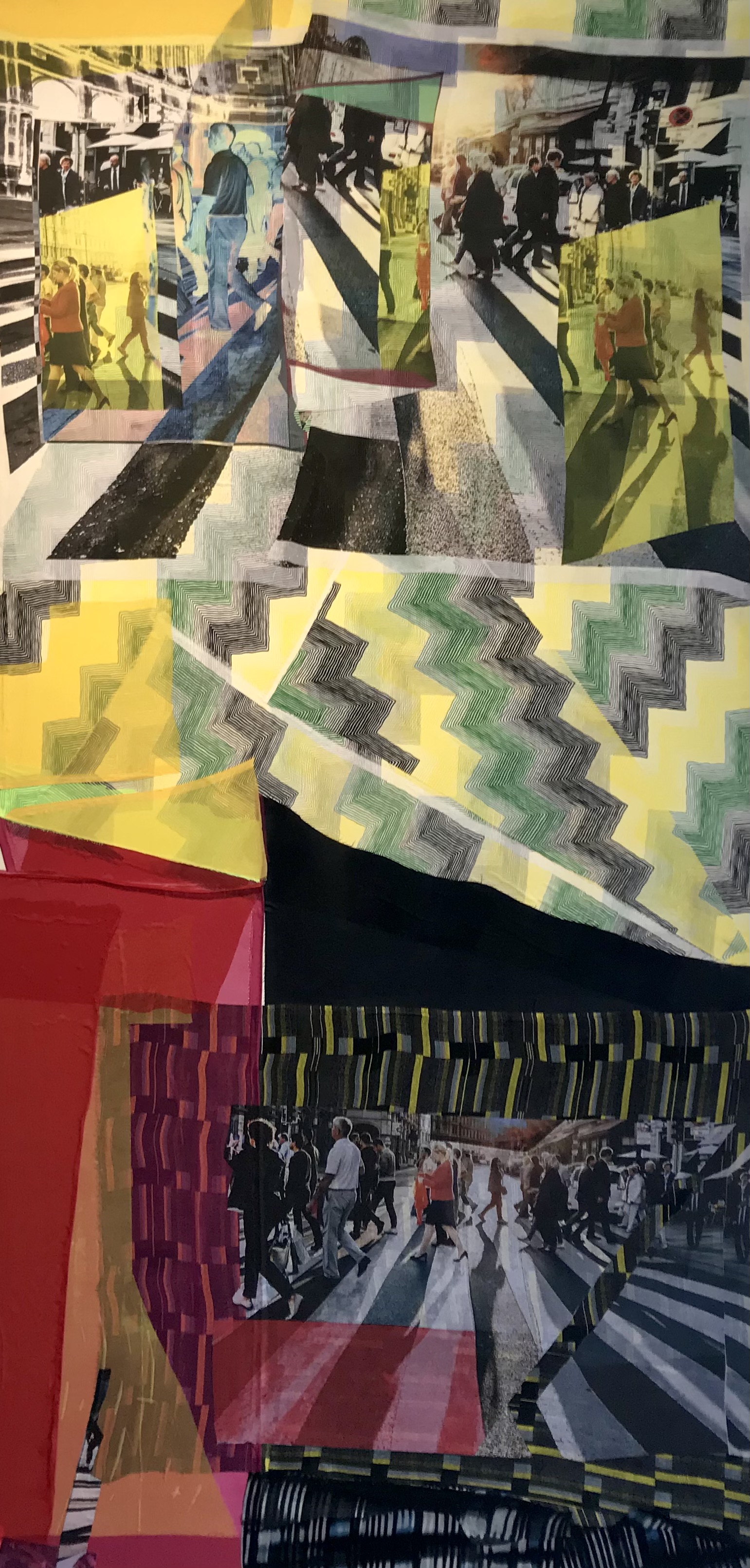 A layered mixed-media composition featuring overlapping photographs of urban pedestrian scenes and crosswalks, interspersed with bold geometric patterns in yellow, green, black, and red. The work combines photographic imagery with painterly abstraction and linear patterns, creating a fragmented, kaleidoscopic effect that suggests movement and passage through city spaces.