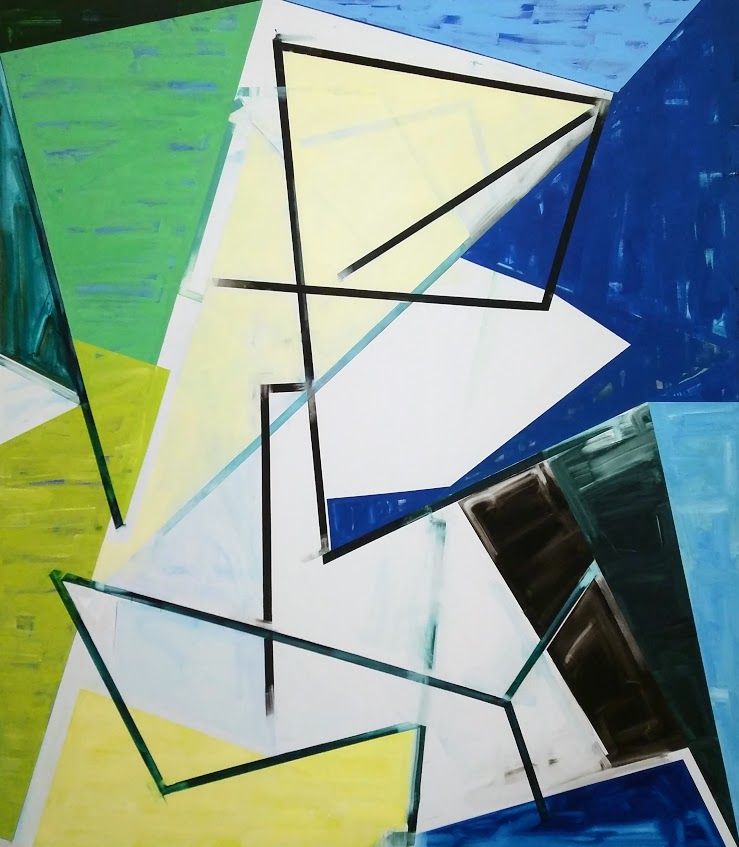 Abstract composition featuring bold black geometric lines forming triangular and angular shapes overlaid on vibrant blocks of color including bright yellow-green, pale yellow, deep blue, and white, creating a dynamic interplay between linear forms and colorful planes.