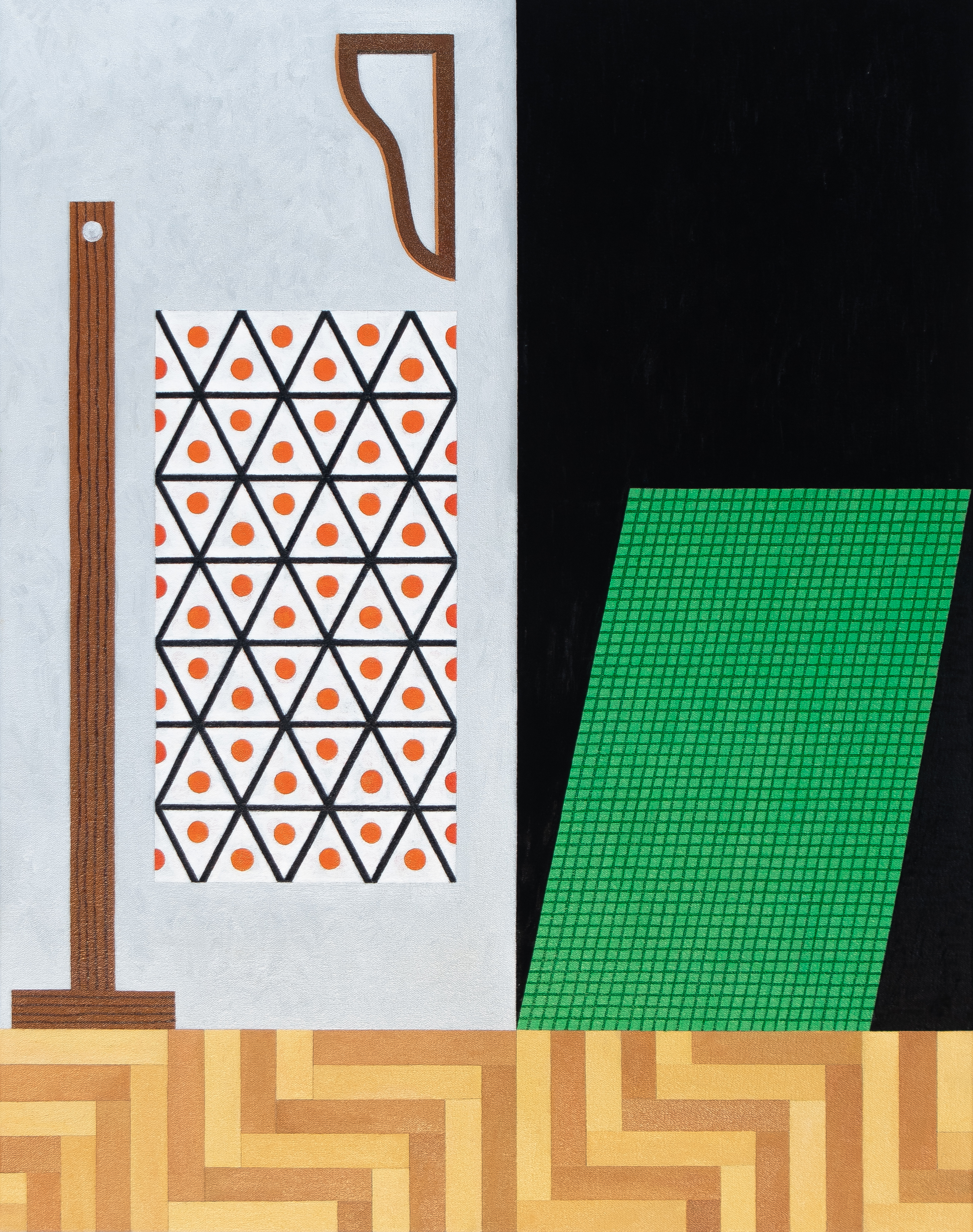 An abstract composition featuring geometric forms arranged vertically: a wooden frame structure in warm browns on the left, a white panel with a triangular grid pattern filled with orange dots, a vibrant green pixelated section on the right against black, and a golden-yellow parquet floor pattern at the base.