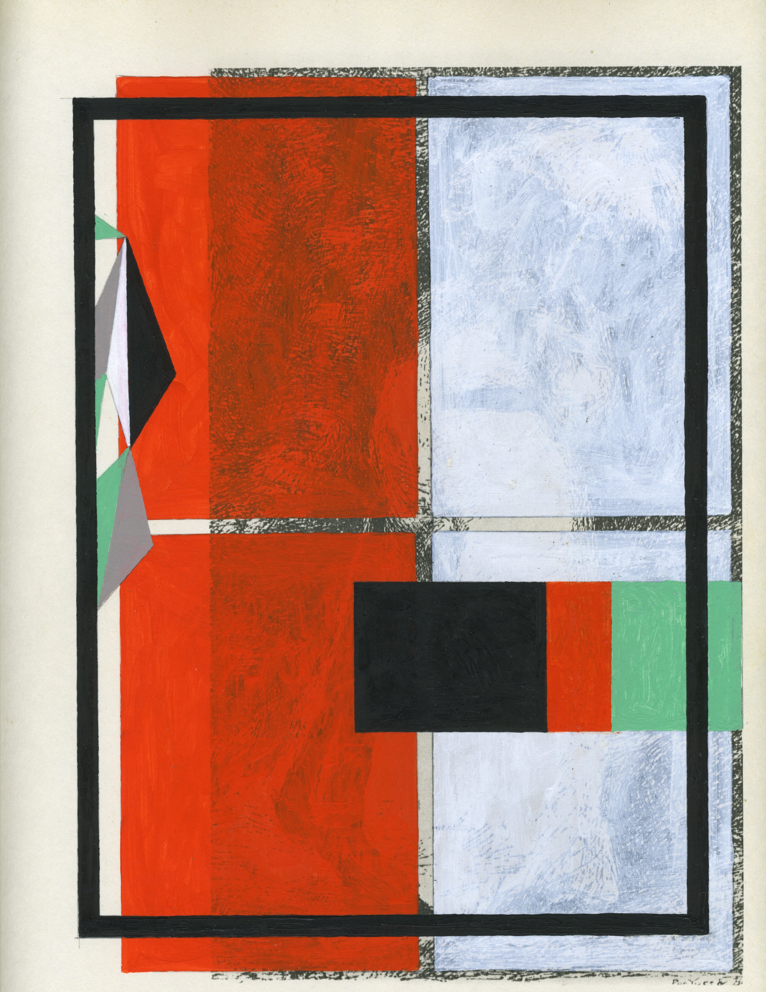Abstract geometric composition featuring a black grid structure dividing the canvas into rectangular sections filled with bold red, white, and light blue areas, accented with green and gray elements and textured surfaces suggesting layered materials.