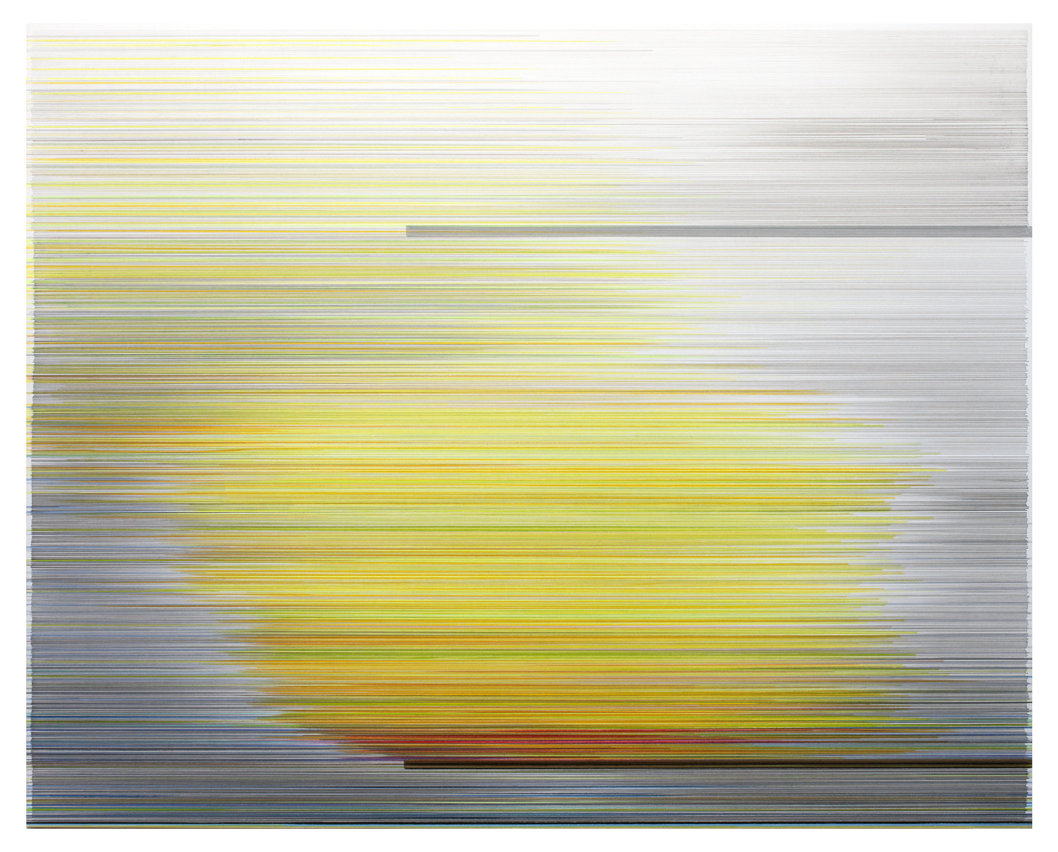 Horizontal bands of graphite and colored pencil in yellow, gray, blue, and earth tones create a layered, linear composition across the surface of mat board. Two darker rectangular forms interrupt the striations, one near the top and another in the lower center, creating subtle focal points within the predominantly horizontal structure.