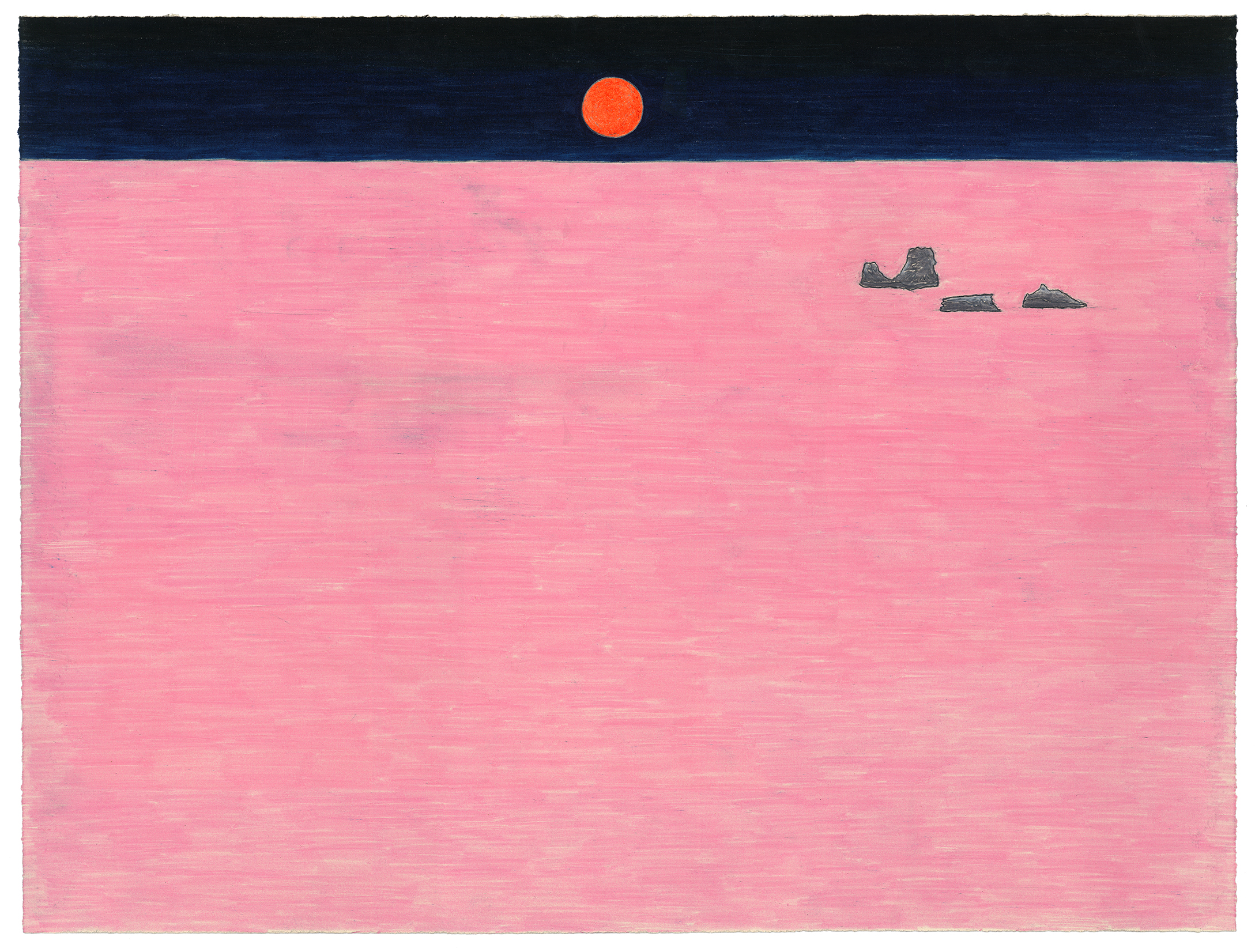 A minimalist landscape divided into a dark navy blue sky and pink plain, with a small red-orange sun centered at the horizon. Three dark gray rocky formations sit in the middle distance on the right side of the composition.
