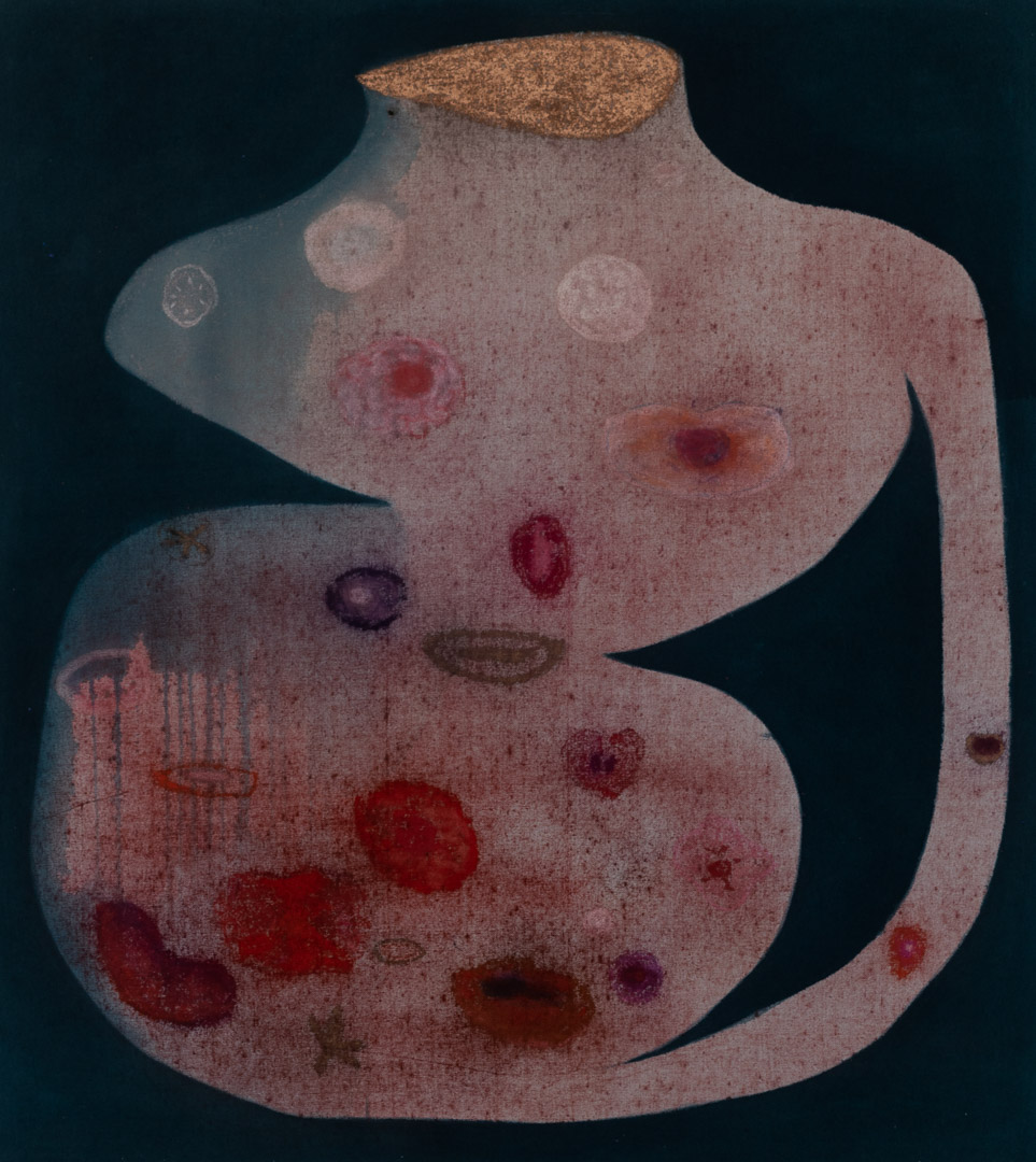 Abstract figure with a stylized human form rendered in muted pinks and browns against a dark background, decorated with various circular and organic red, burgundy, and rust-colored marks and shapes across the torso and limbs.