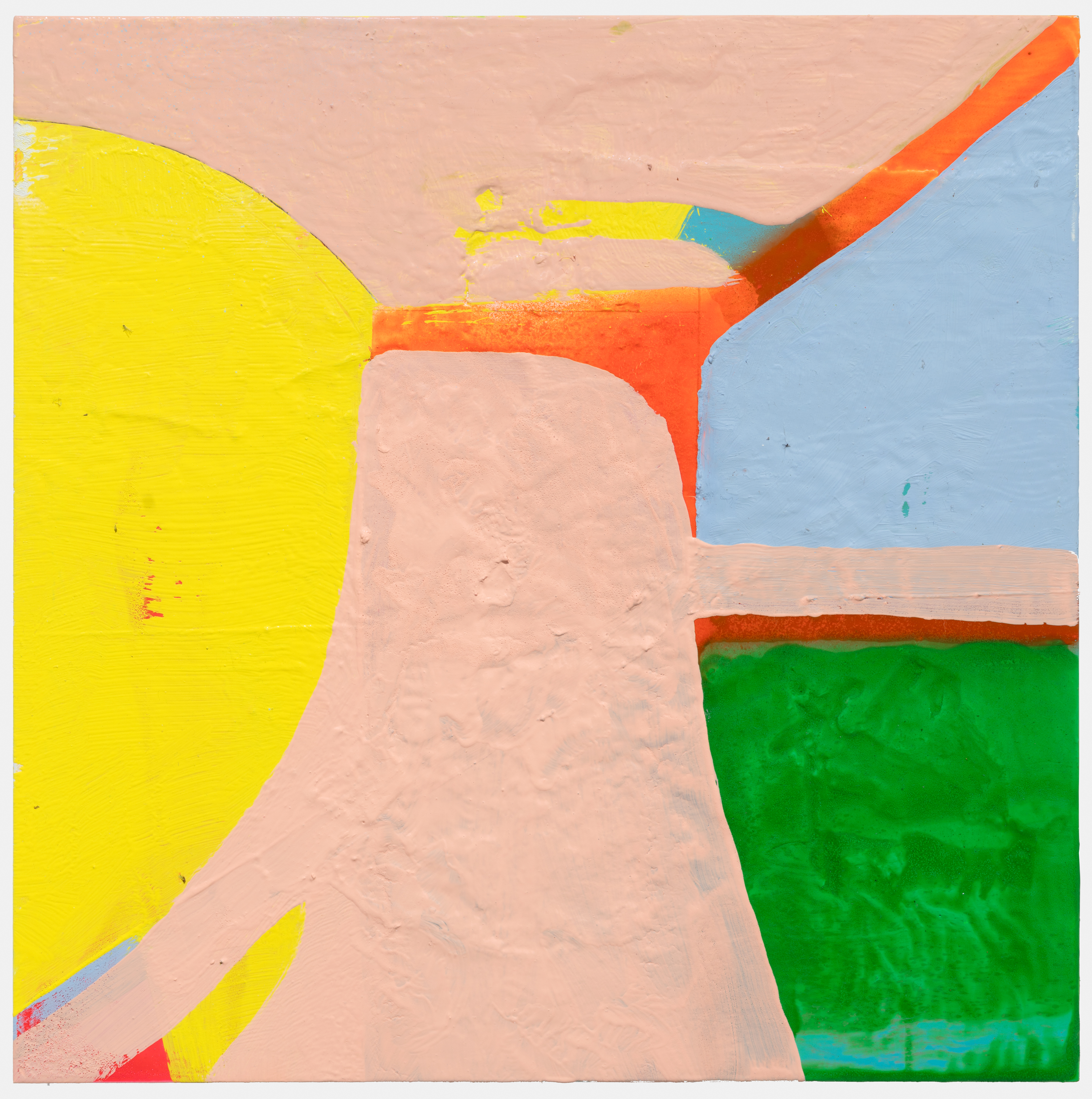 Abstract composition in oil and enamel on board featuring bold geometric shapes in yellow, green, blue, and orange separated by thick orange and red lines against a soft pink background. The overlapping forms create a dynamic, modernist arrangement with visible brushwork and textural variations across the surface.