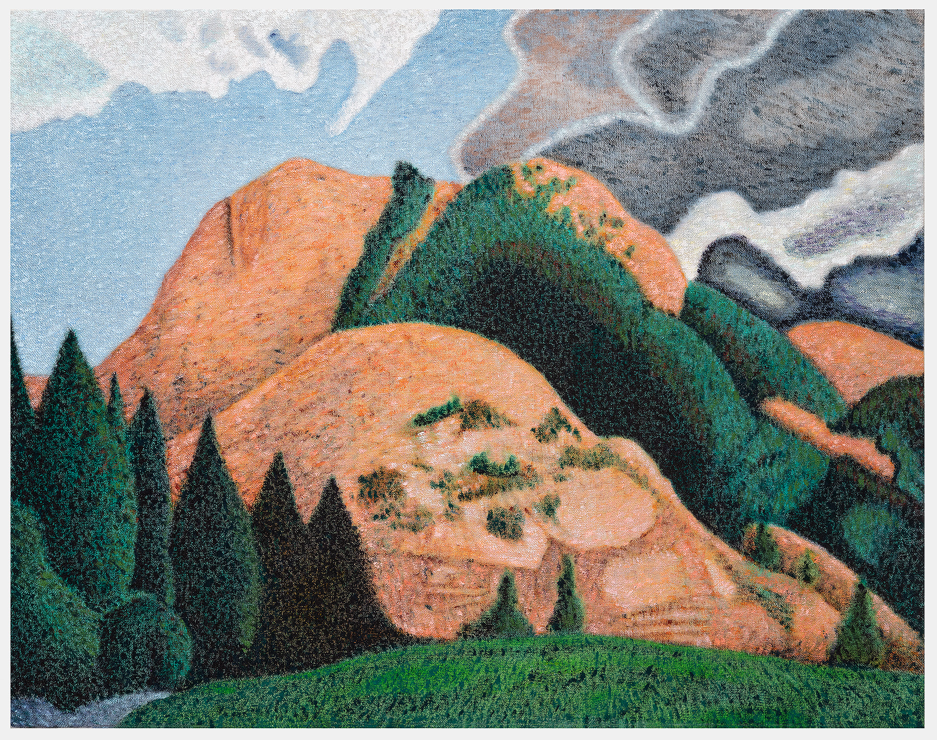 A stylized landscape depicting rolling mountains in warm terracotta and orange tones contrasted with deep green forested slopes and evergreen trees. The composition features bold, simplified forms with a clear division between the verdant foreground and the rocky peaks rising against a pale blue sky with white clouds.