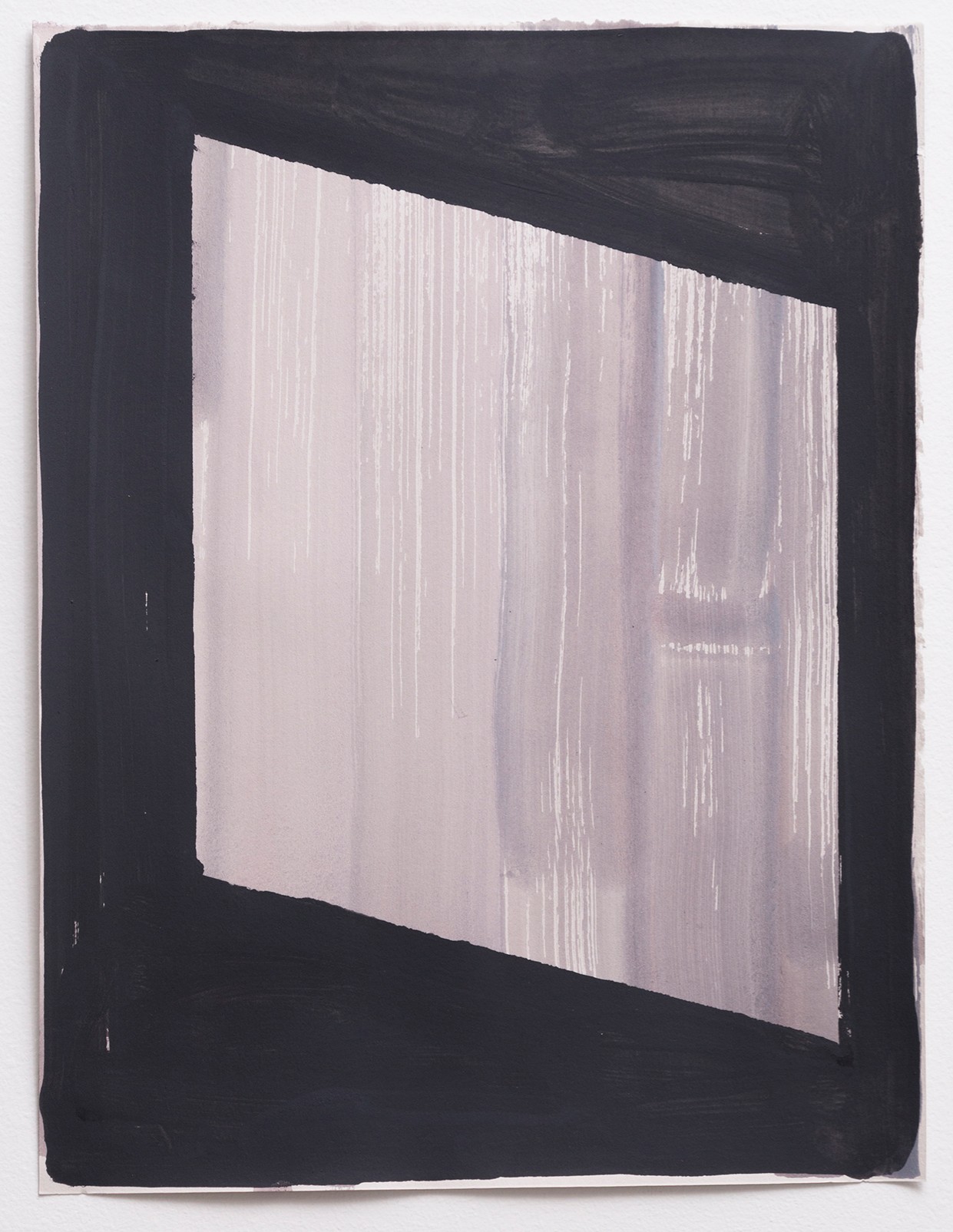 A pale lavender rectangle tilted at an angle against a dark charcoal background, its surface marked with fine vertical brushstrokes that create a luminous, textured quality suggestive of light filtering through a window.