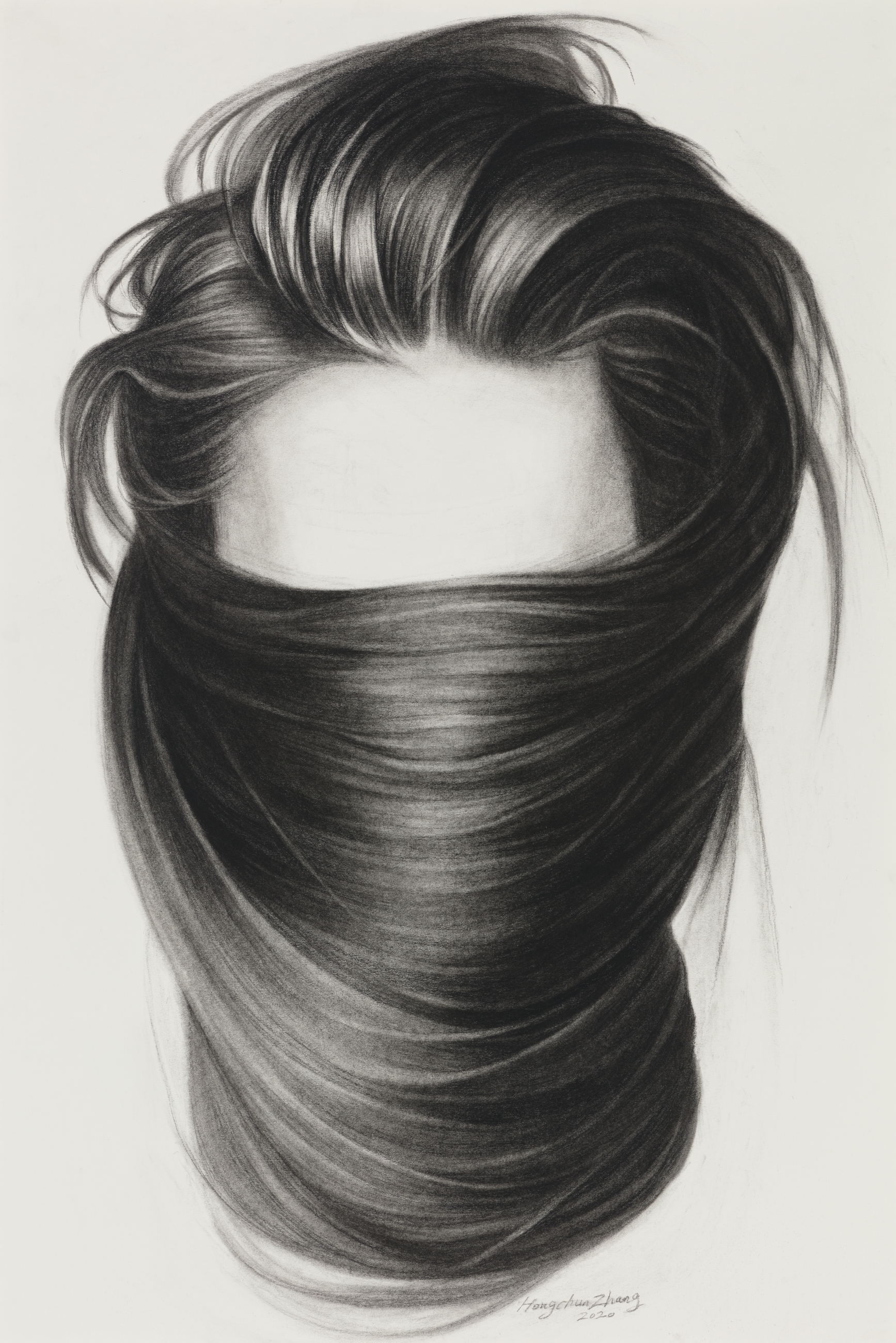 A charcoal drawing on paper depicting a stylized male head and shoulders, with the face obscured by flowing, voluminous dark hair wrapped around the lower half. The upper portion shows carefully rendered hair swept upward with lighter highlights, while the lower section features dramatic, sweeping strokes creating a veil-like drape of hair across the face and neck.