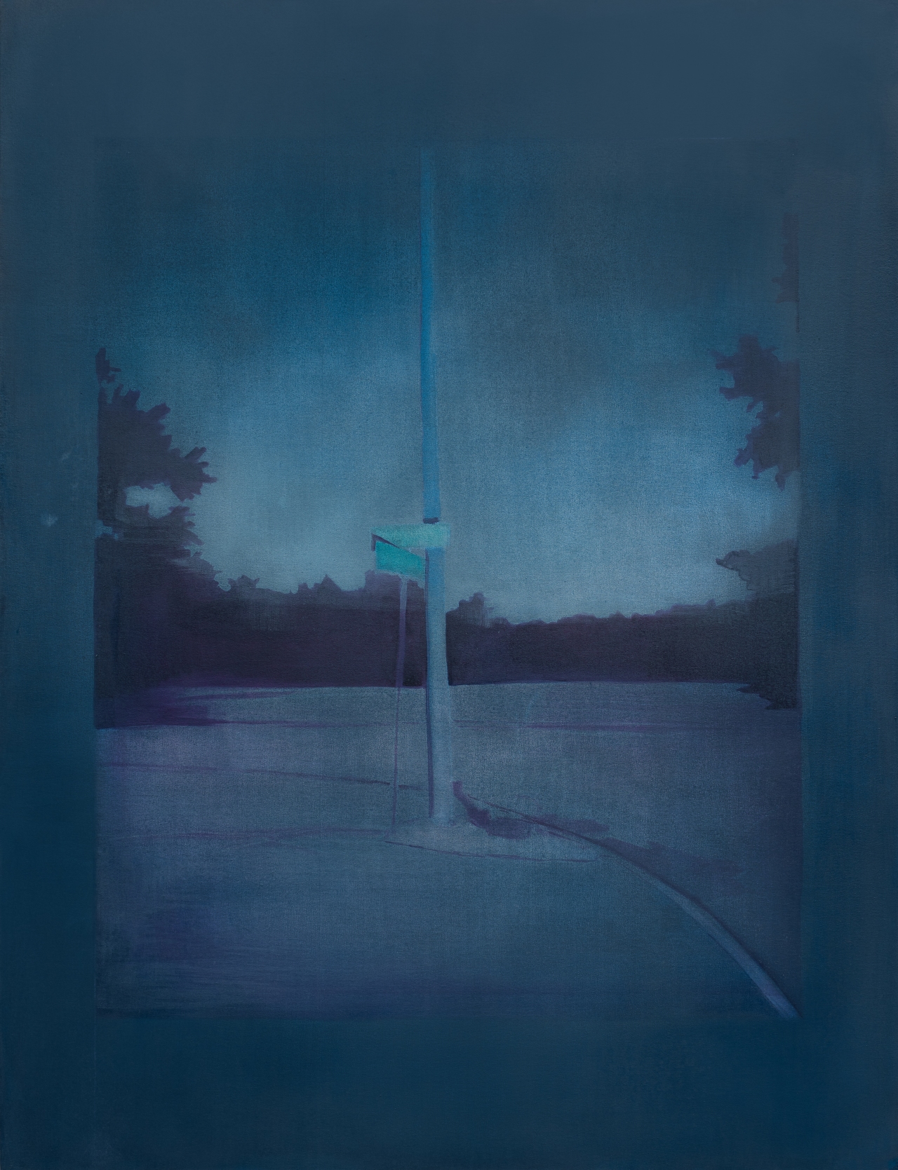A moody, layered painting in shades of deep blue and teal depicting a calm body of water with a vertical pole or mast rising from its center. Dark silhouettes of trees line the distant shoreline beneath a hazy sky, while the composition is divided by a central vertical element that creates a mirror-like symmetry. The overall effect is dreamlike and subdued, achieved through muted color tones and soft, atmospheric rendering.
